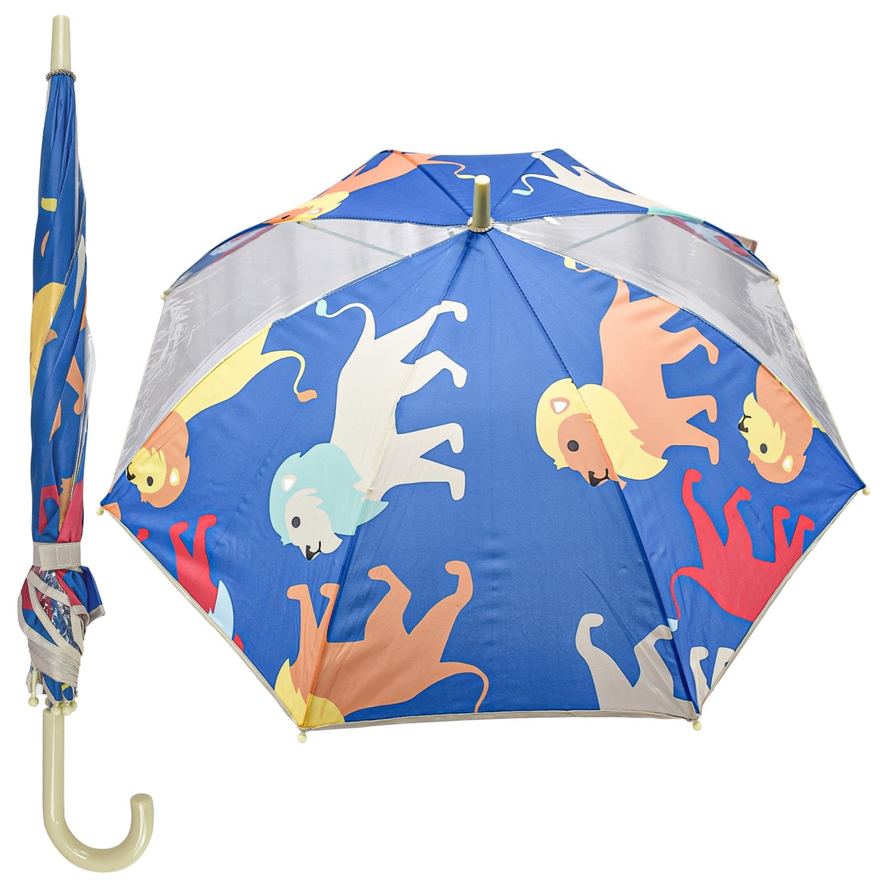 A2Z 4 Kids Girls Stick Umbrella Walking Umbrellas for Rain Windproof Waterproof 8 Ribs Rainbow Clear Brolly J Stick Crook Handle Easy Grip Classic 110cm Large Canopy (Lions)