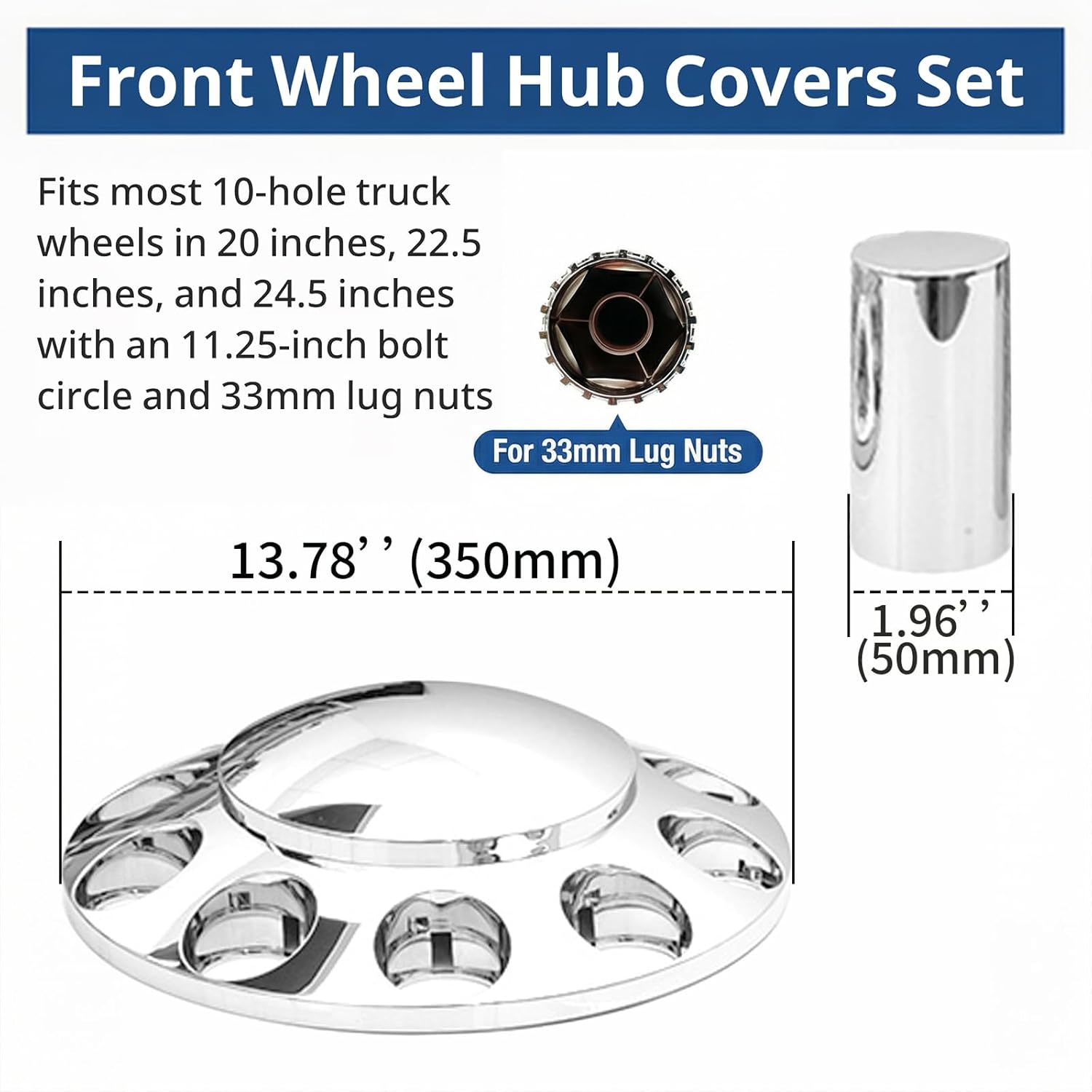 High Soar Chrome Front Hub Covers Set ABS with 33mm Thread-on Cylinder Lug Nut Covers for Semi Trucks Accessories, 2 Front