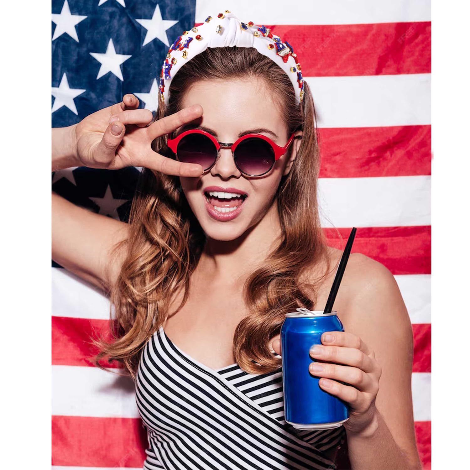 4th of July Headbands for Women American Flag Headband Patriotic Red Blue White Star Knotted Headband Embellished Rhinestone Wide Top Knot Headbands 4th of July Hair Accessories Outfits Gifts (White) - Image 2