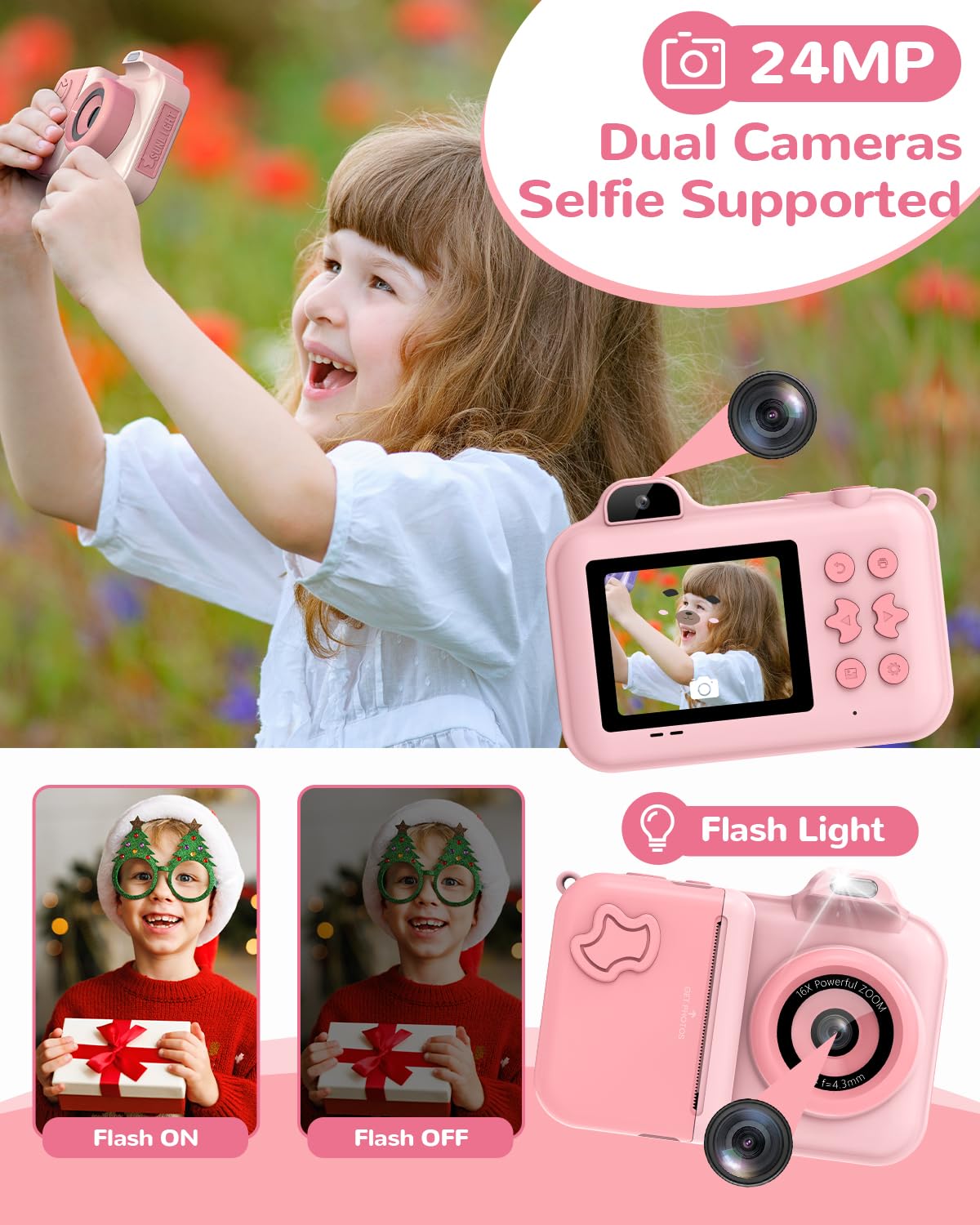 Camara Fotos Infantil Instantanea, 2,4'' Cámara Digital con Camara Dual, 24MP/1080P HD Video Cámara, Tarjeta 32GB, 5 Rollos Papel de Impresión, Regalos Juguete para Niños y Niñas de 3-8 Años Rosa