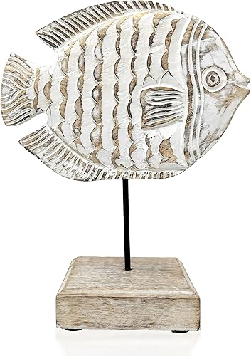 Escultura de pescado de madera para decoración del hogar, estatua de pez ángel hecha a mano en el soporte de base, decoración náutica de mar para