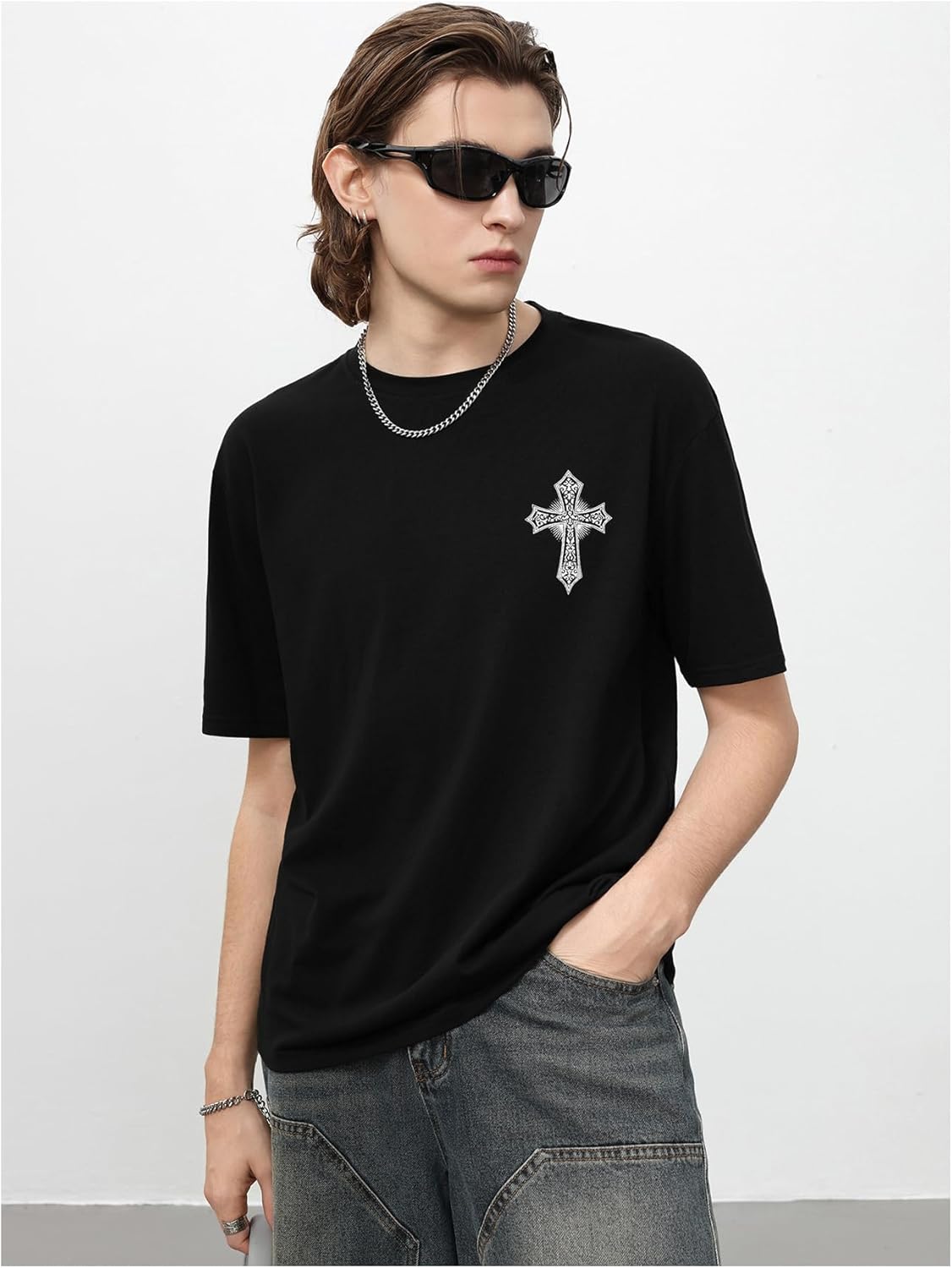 SHENHE Men's Cross Wing Graphic Y2k Goth Top Crew Neck Short Sleeve Rave Tee Shirt - Image 2