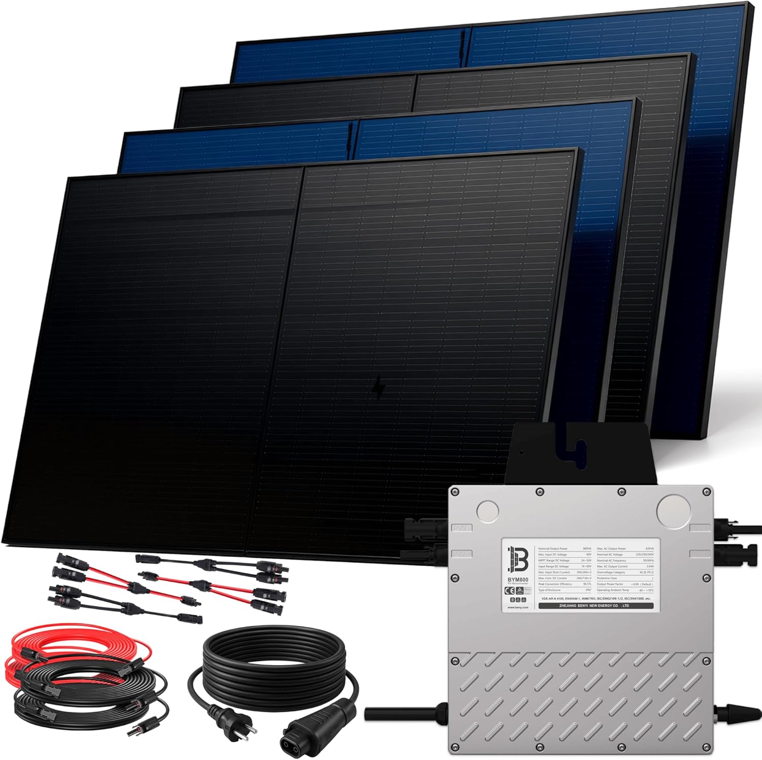 SUNNIVA 2000W Balkonkraftwerk BIFAZIAL FULLBLACK komplett Steckdose BENY 800W Wechselrichter, PV Solaranlage, 4x 500W Glas-Glas Solarmodule, inkl. 5m Kabel, WIFI, Komplettset