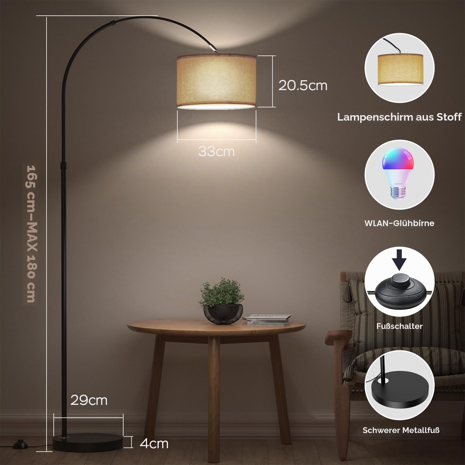 ANTENLICHT LUNA Bogenlampe Wohnzimmer Stehlampe Vintage, Inklusive LED E27 | Standleuchte mit Beige Stoffschirm I funktioniert mit Alexa und Google Home I RGB Stehleuchte Dimmbar für Schlafzimmer