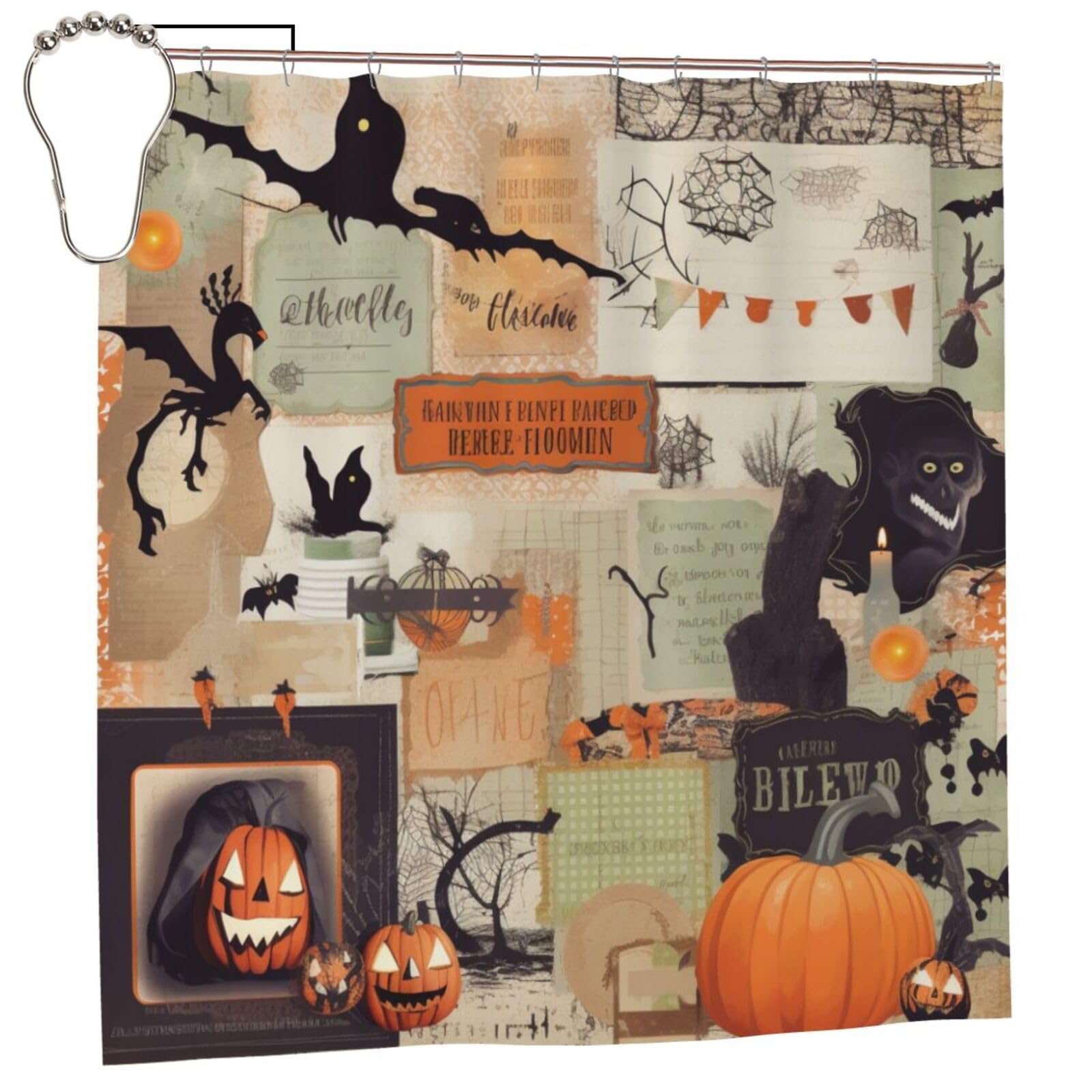 BWWHCCTI Halloween Scrapbook Printed Shower Curtain With 12 Iron Hooks Opaque Quick Drying Waterproof Shower Curtains Sets For Bathroom 183x183 CM