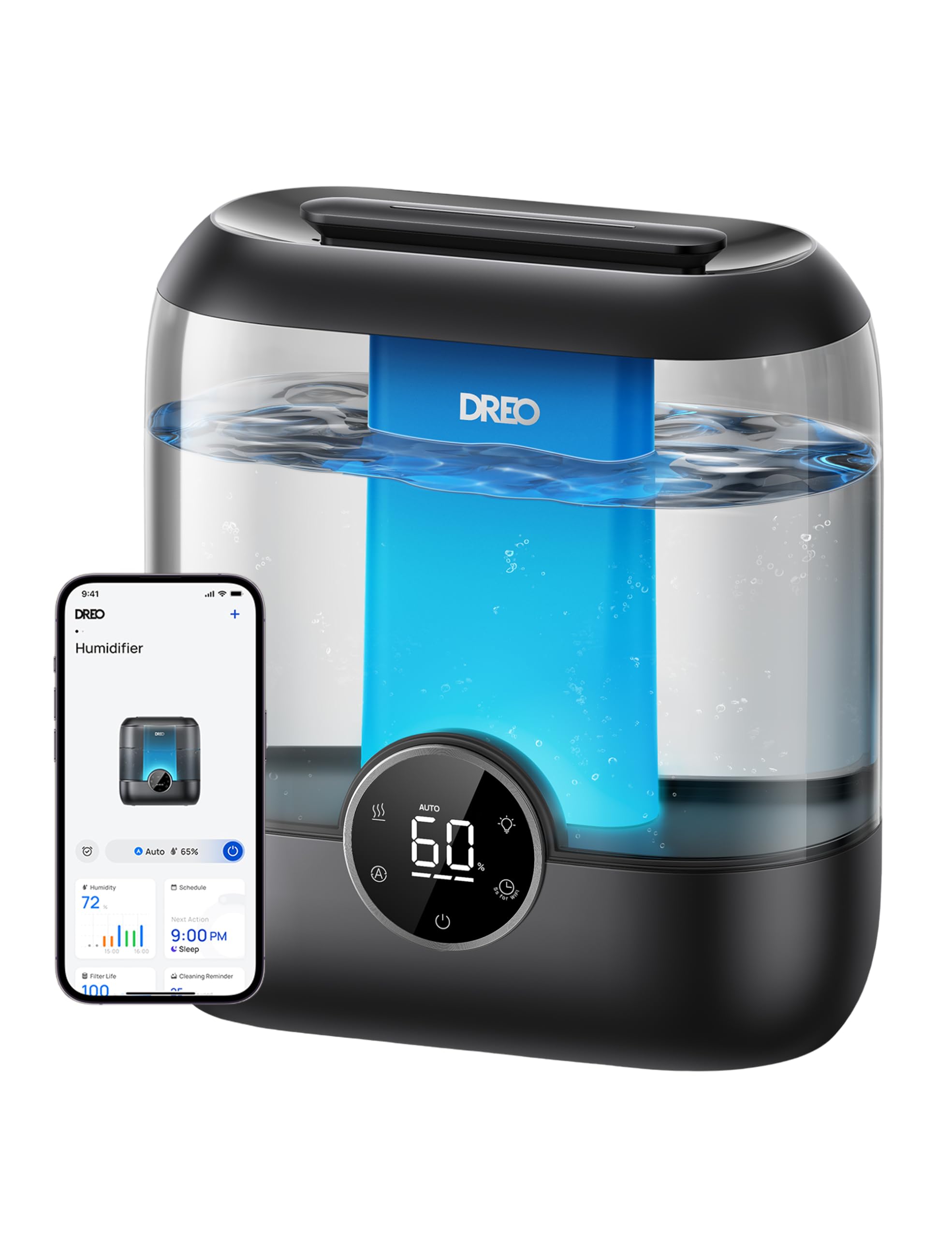 DREO Smart Humidifiers for Bedroom, 6L Top Fill Supersized Cool Mist Humidifier for Large Room, 60 Hour Runtime, Quiet Ultrasonic Humidifier for Plants, Indoor, Home, Night Light, Black