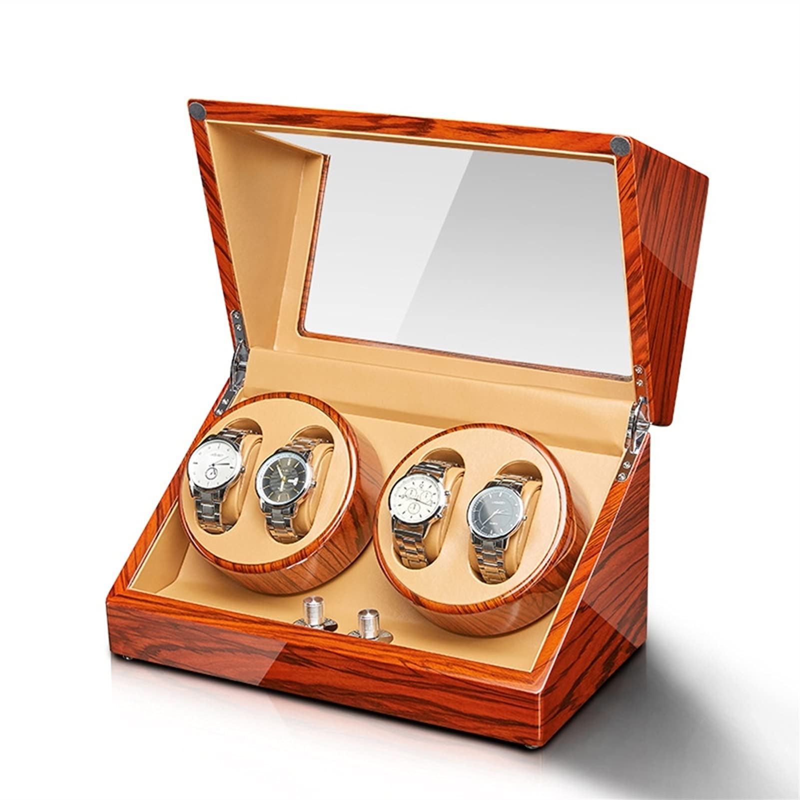 Uhren-Display-Box, Uhrenbeweger für 2/4 Automatikuhren, Uhren-Display-Box mit leisen Motoren, Flexibles Uhrenkissen, Holzschale, Klavierlack, passend für Damen- und Herrenuhren, 4+0
