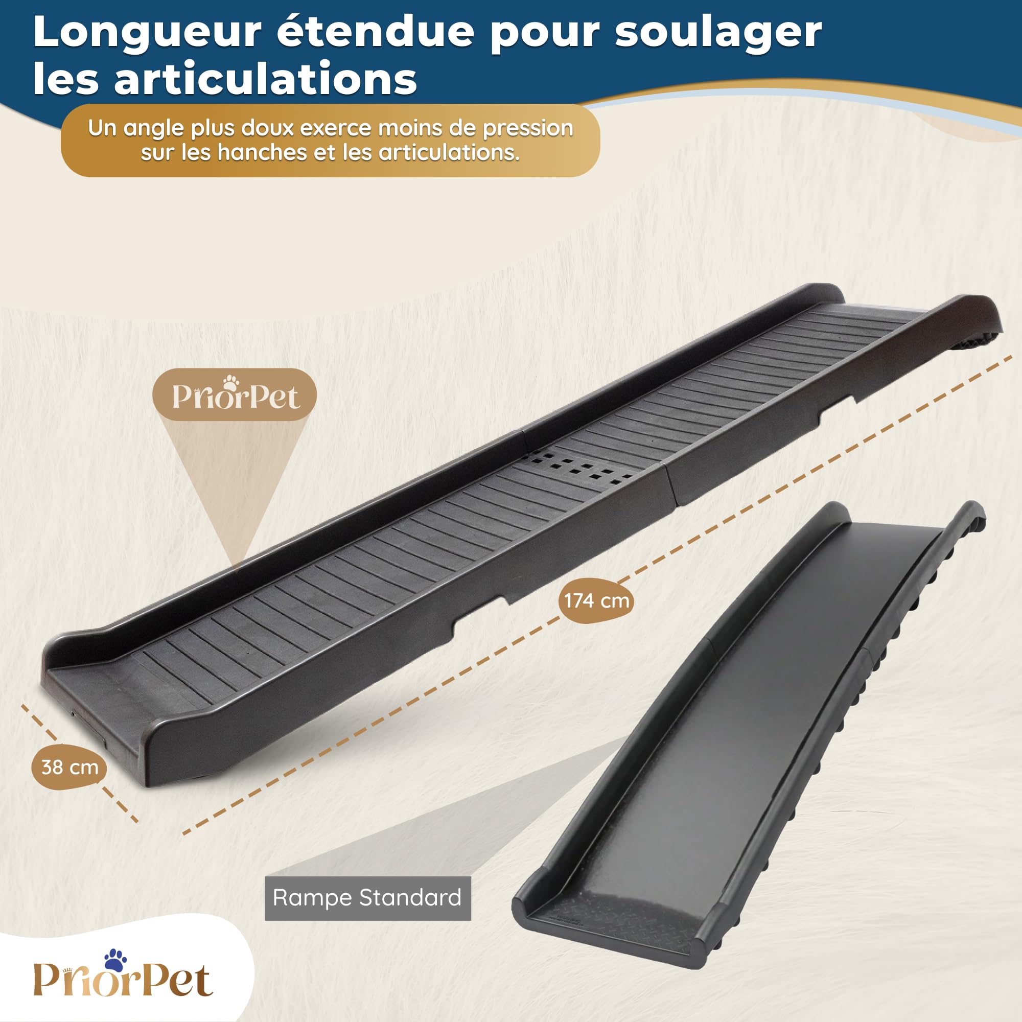 Rampe pour Chien Voiture Antidérapante Pliable 174 cm 38 cm 85 kg Noir