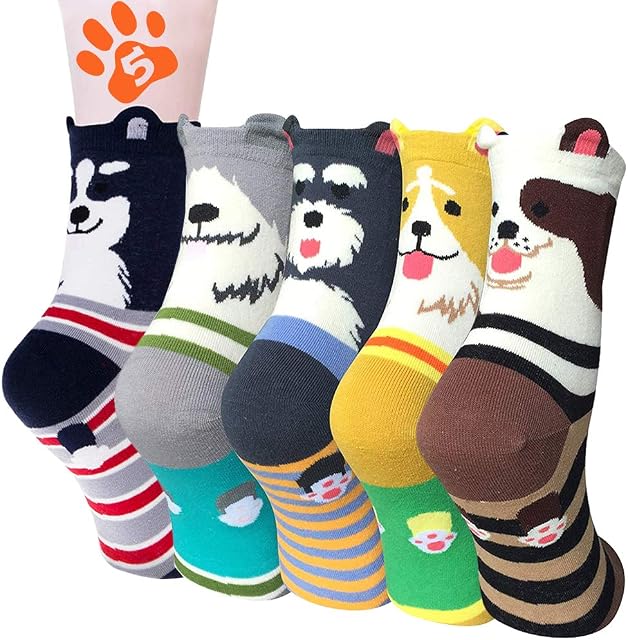 BHGWR Womens Socks 5 Pairs, Ladies Cotton Funny Socks with Cute Funky Animal Dog Print, Size 4-7 Multipack Thick Warm Thermal Winter Sports Odd Socks Christmas Gifts for Women Girls