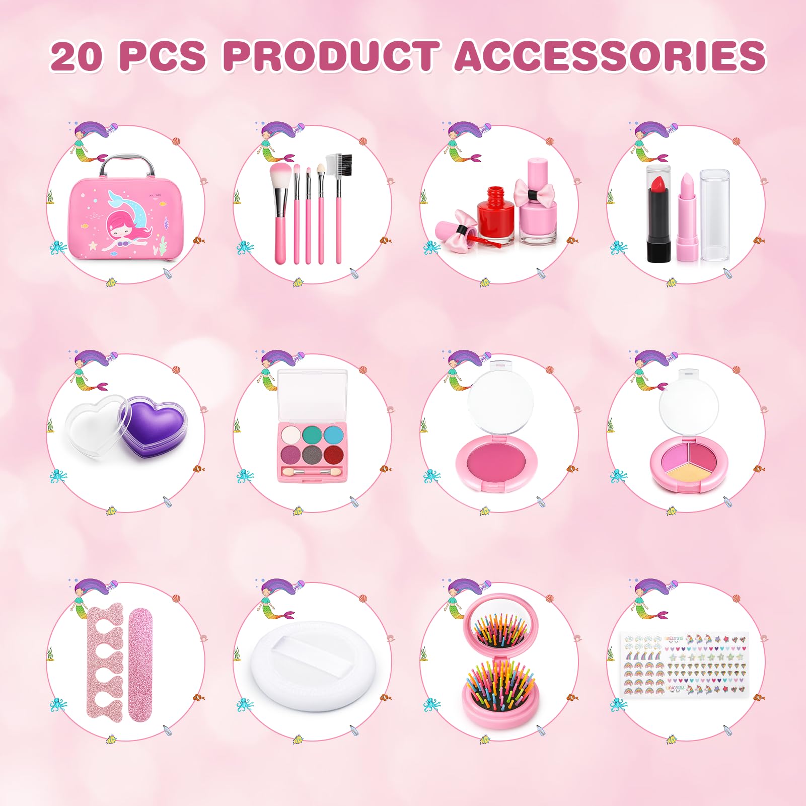 Dreamon Trucchi Bambina Set, 20 Pezzi Lavabile Set Di Valigetta Trucchi Bambina Mermaids Set, Gioco Trucco Ragazze 3+ Regalo Natale Compleanno