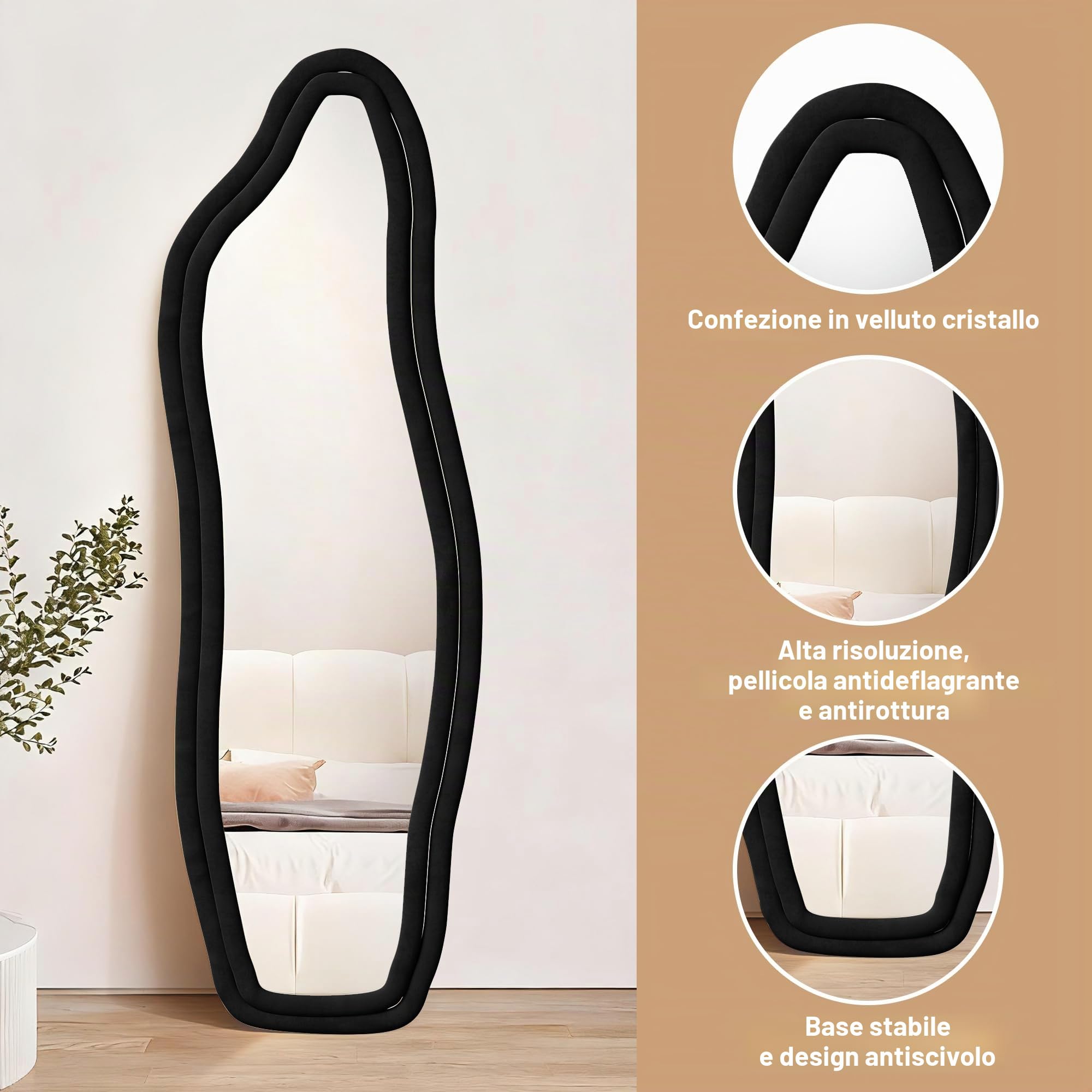 BRILVERDE Specchio a figura intera a forma di delfino, specchio da terra asimmetrico con cornice in velluto, specchio da vestizione per soggiorno, camera da letto, da appendere e da appoggiare (nero