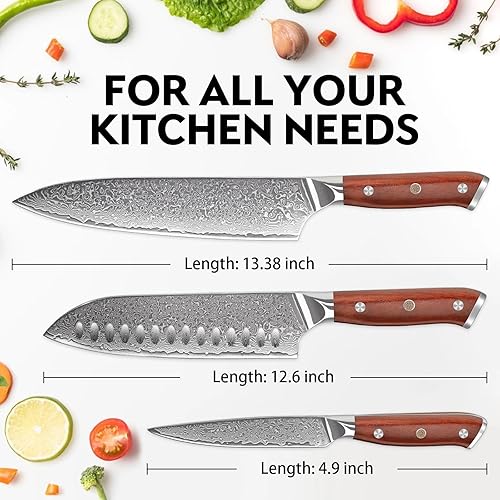 Miniatura 3 de Purple Dragon Juego de cuchillos de Damasco  Juego de 3 cuchillos de cocina  Cuchillos de chef japoneses de acero VG10 de 8 pulgadas, cuchillos