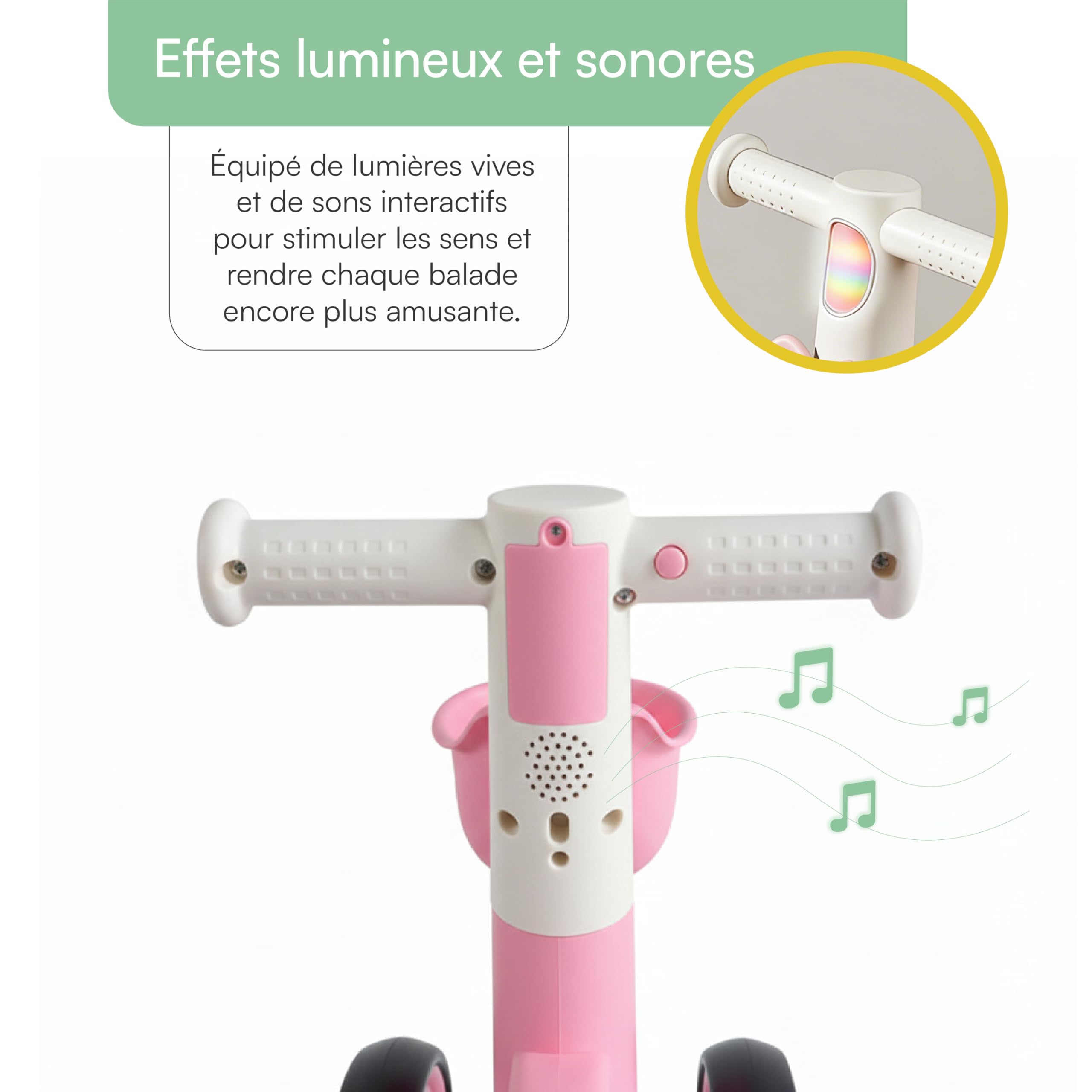 Baroni Toys Bici Senza Pedali Rosa a 4 Ruote per Bambini dai 3 Anni, Primi Passi con Luci e Suoni, Cestino Portaoggetti, Balanced Bike, Ideale per Sviluppo Motorio e Coordinazione, 55x22x42cm