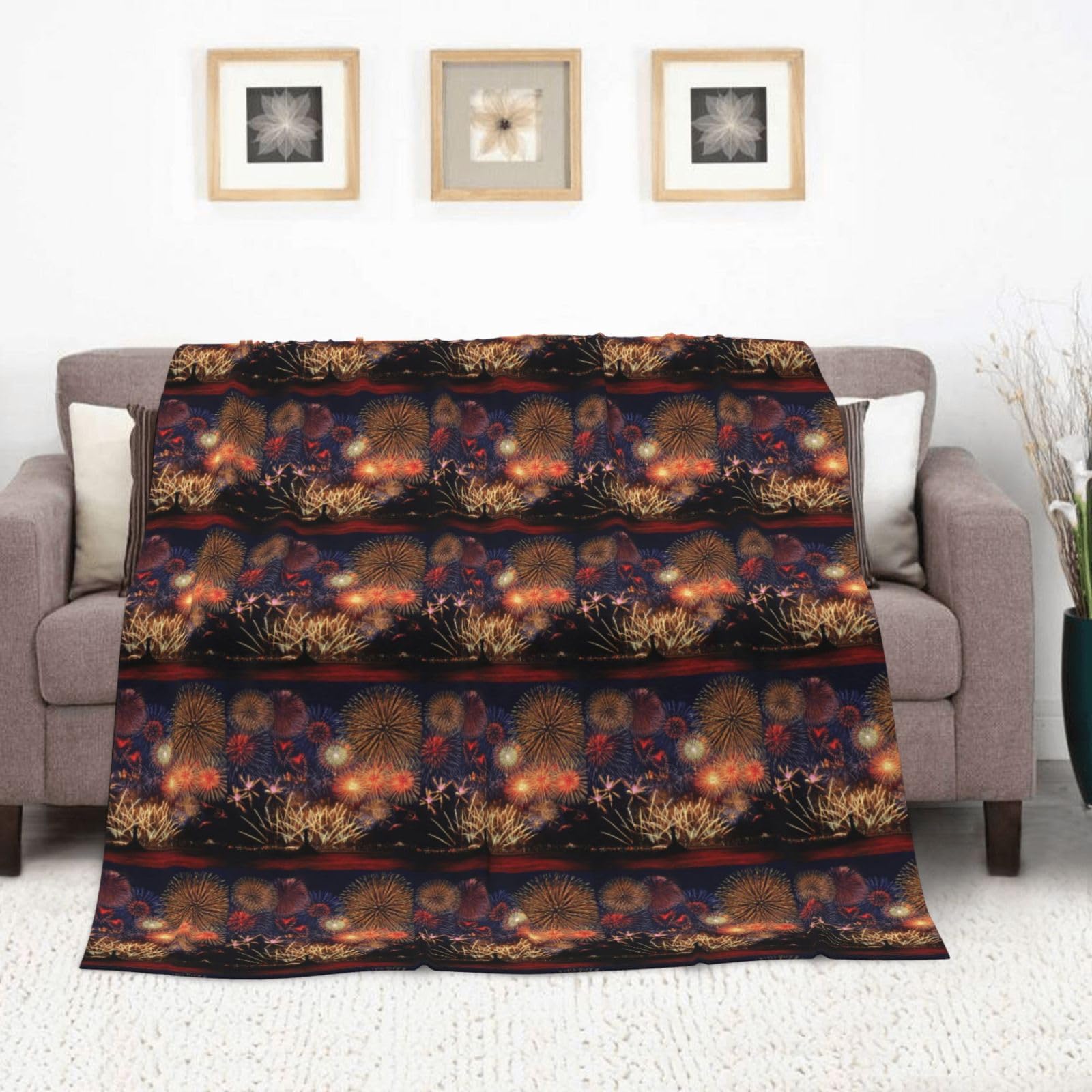 Couverture en flanelle avec imprimé feux d'artifice - 178 x 203 cm - Chaude et douillette - Pour l'hiver - Pour camping ou voyage