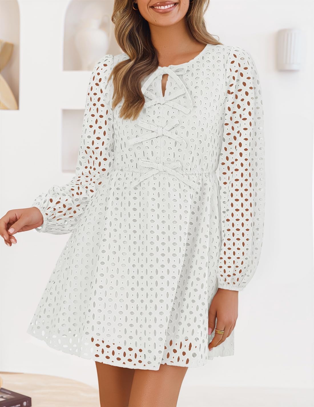 ZESICA Women's Long Sleeve Mini Dress 2026 Fall Crewneck Tie Front Hollow Out Eyelet Babydoll A Line Short Dresses - Image 2