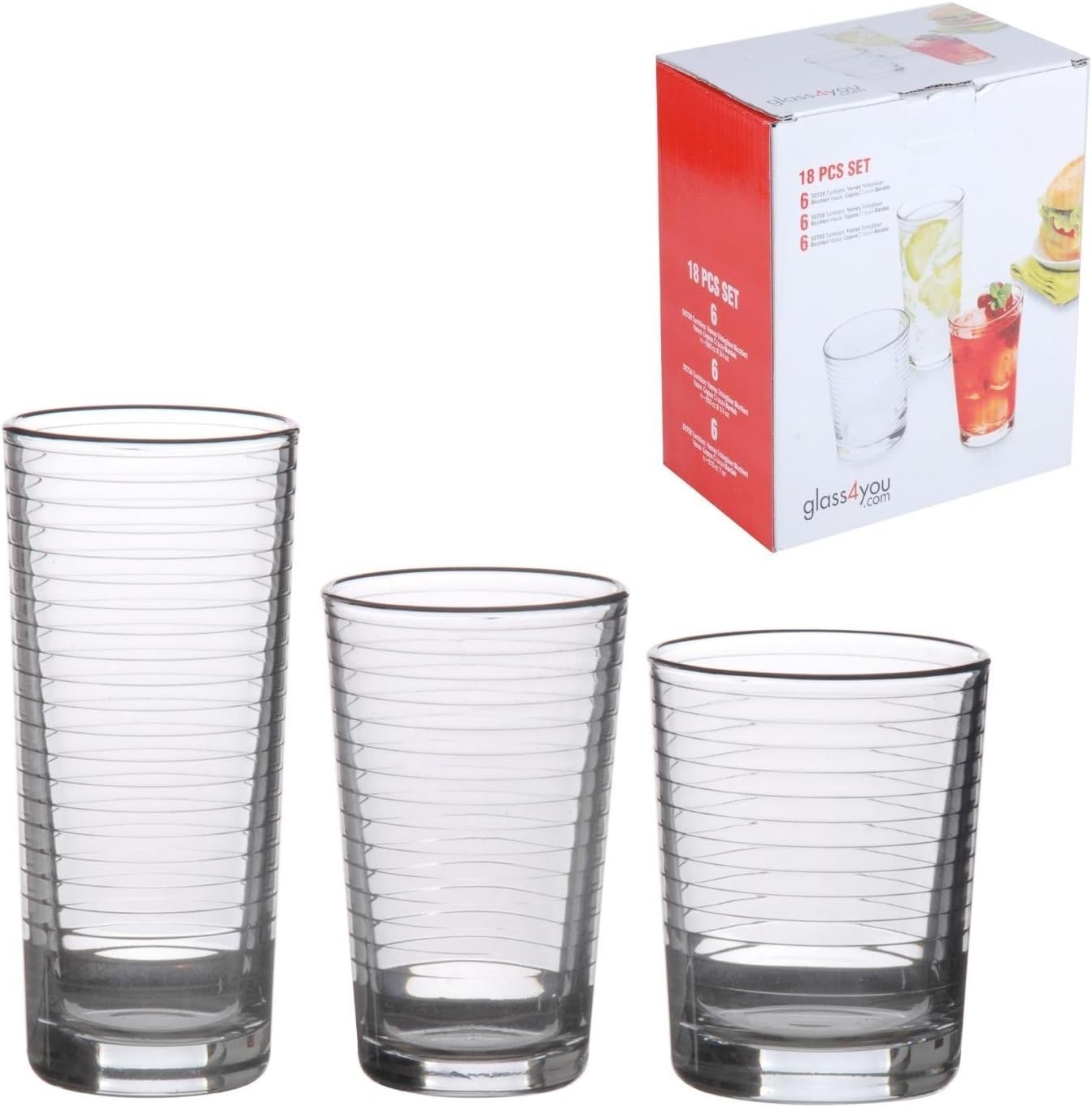 Cavendish Trading 18 Piece Drinking Glassware Set-Includes Highball, Medium and Tumblers (Doro), Swirl Design, 20 x 38 x 29 cm