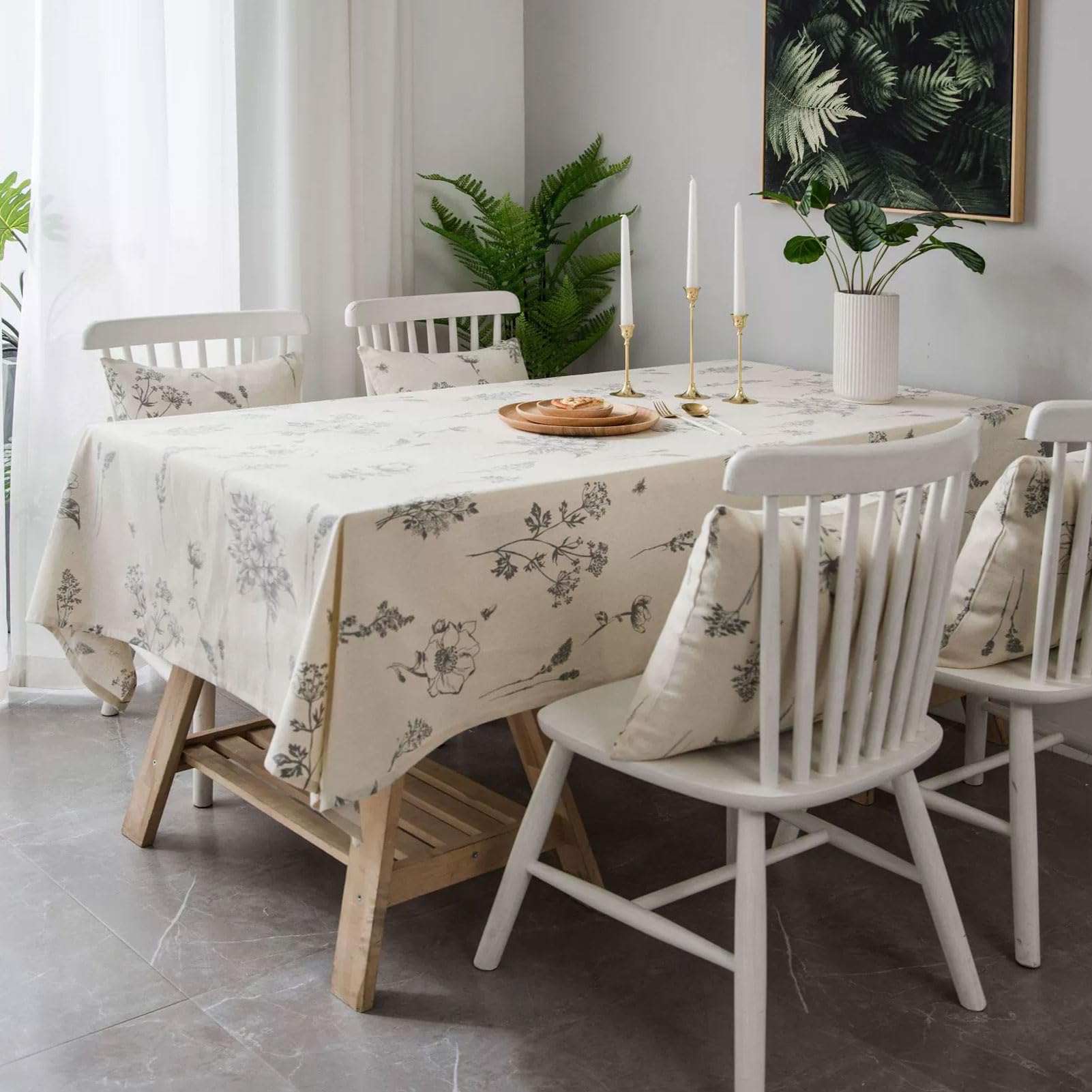 Mantel de Lino de Algodón, Mantel Rectangular con Estampado Floral Estilo Boceto, Manteles Antimanchas Beige, Manteles de Mesa Modernos de Tela para Mesa de Cocina (B 140x300cm)