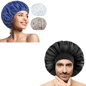 3 Pcs Waterproof & Adjustable Shower Caps for Women, 1 Pcs Comfortable & Adjustable Sleeping Silk Satin Bonnet for Men