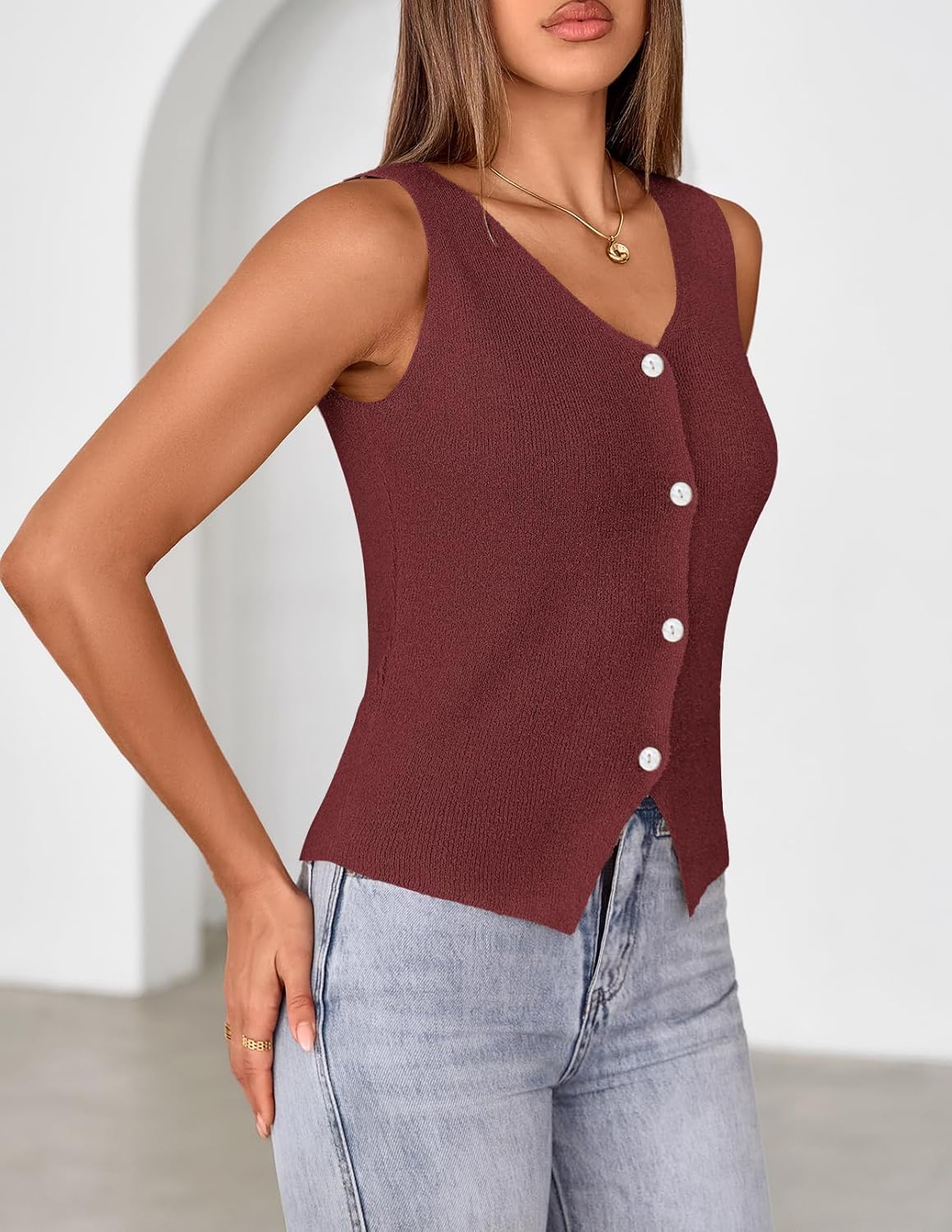 MEROKEETY Women's Sleeveless Sweater Vest 2026 Spring Summer Knit Tank Top Casual V Neck Button Waistcoat Cardigan - Image 4