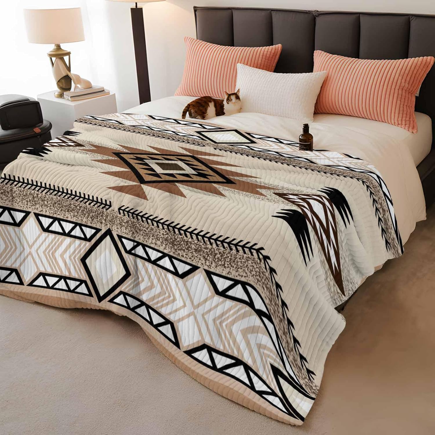 Striped Blanket Aztec Retro Brown Ethnic Style Fleece Throw Blanket 60x80in,Abstract Geometric Soft Cozy Flannel Lightweight Blankets for Couch Bed Sofa