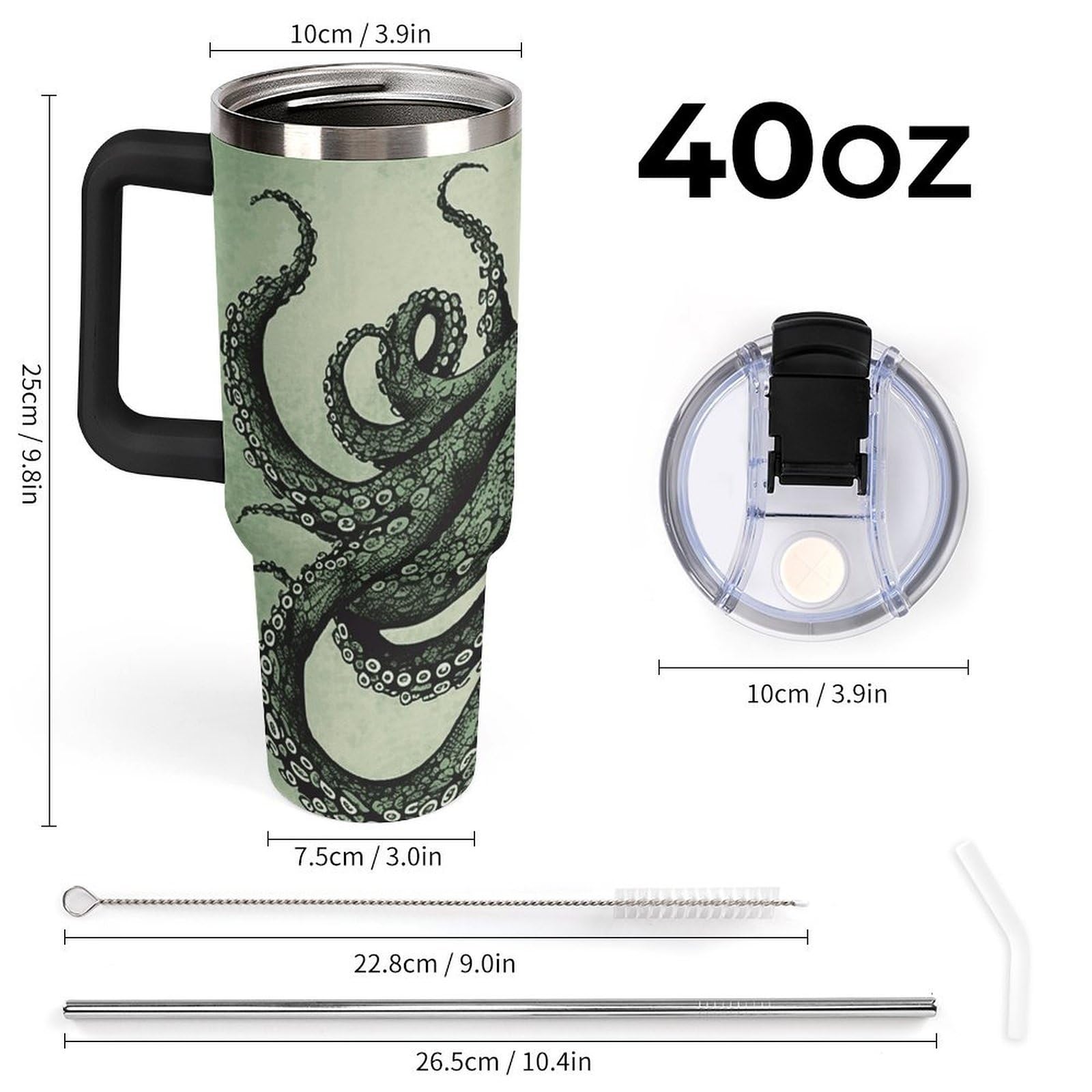 Autobecher aus 304 Edelstahl, 1,2 l, grüner Oktopus-Becher mit Strohhalm und auslaufsicherem Deckel, großes Fassungsvermögen, vakuumisolierter Reisebecher für Auto-Becherhalter
