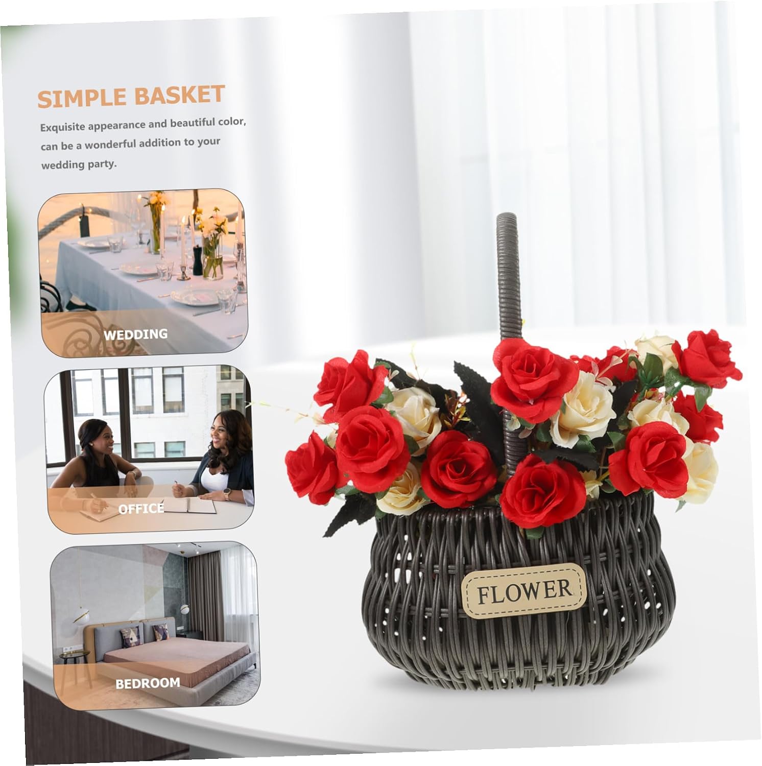 Ipetboom Woven Flower Arrangement Basket with Handle, Oval Handheld Decorative Flower Girl Basket, Black Gray Synthetic Rattan for Wedding and Home Decor