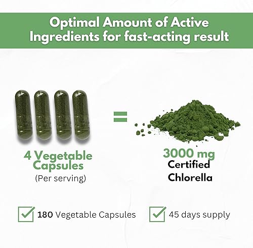 Miniatura 3 de Chlorella Cápsulas 3000 mg – Pared celular agrietada suplemento de algas verdes azules – La mejor limpieza natural de desintoxicación – Vitaminas