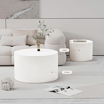 Modern Round Nesting Coffee Table Set of 2 White 27.6+19.7IN