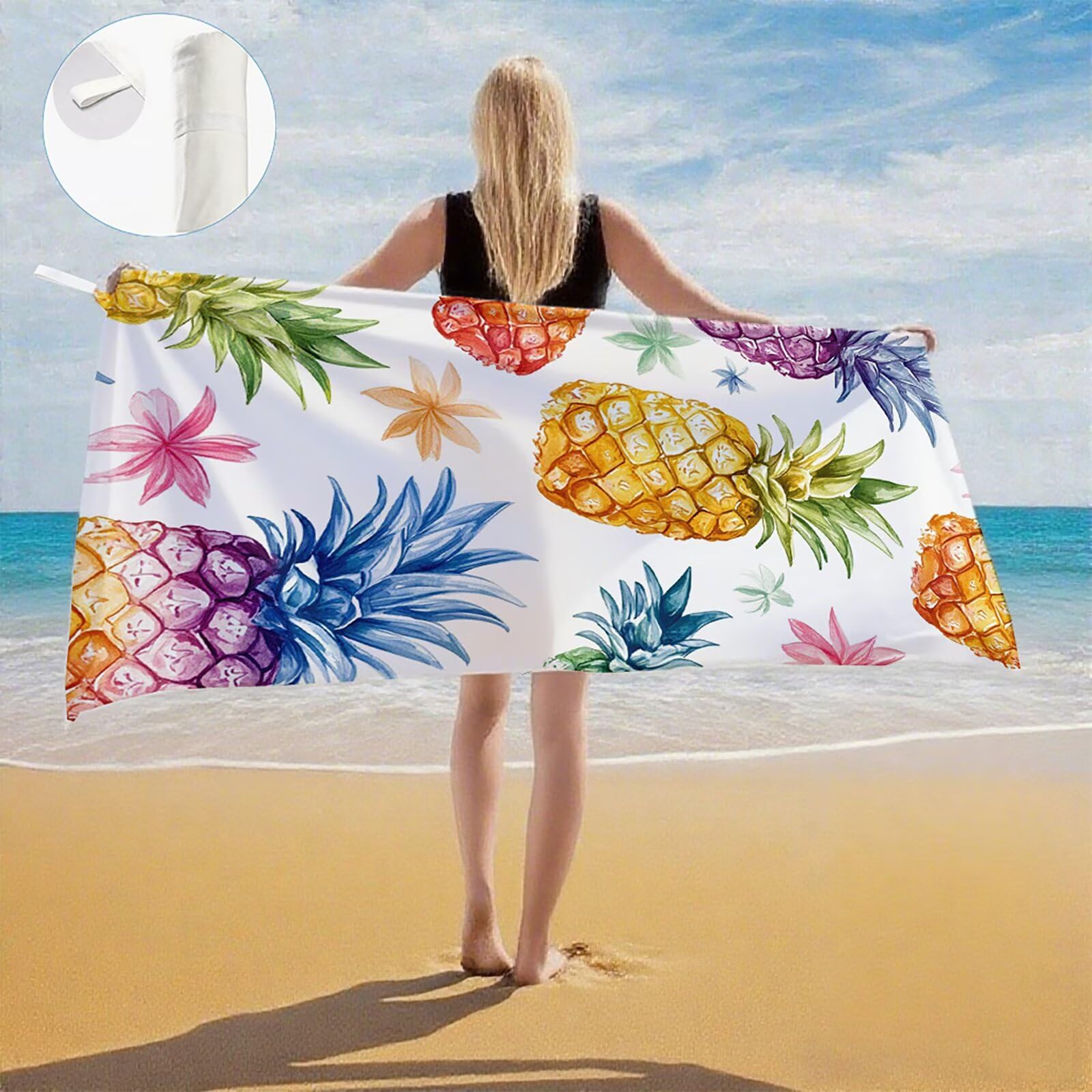 Serviette de Plage Microfibre Serviette Plage 100x220 2 Pack Séchage Rapide, Anti-Sable, Absorbante Fonction drap de plage xxl pour Bain, Sport, Voyages, Sauna, Piscine, Yoga, avec Sac Ananas Q-229