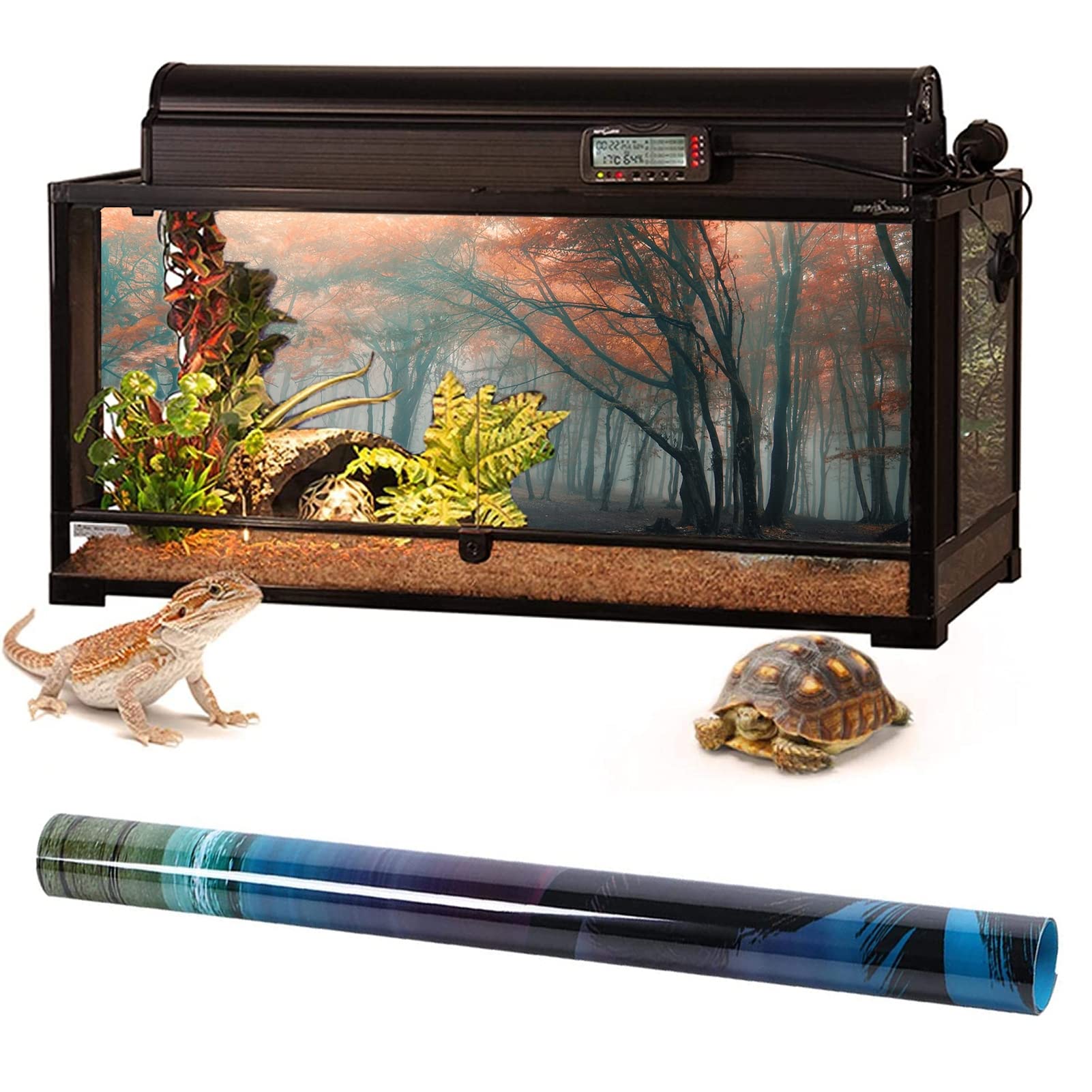 BAHULA Fond d'aquarium en PVC 3D - Soleil - Forêt - Poster mural - Peinture décorative - Autocollant pour aquarium - 122 x 76 cm