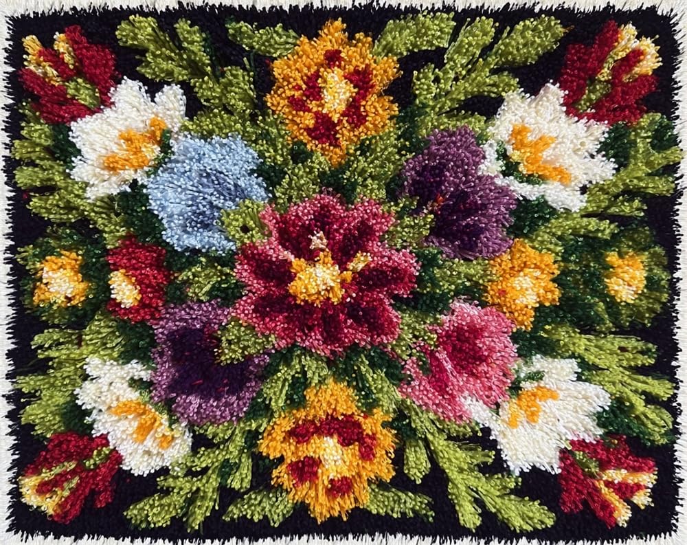 Kitquiver Latch Hook Rug Kits for Adults Floral DIY with Printed Canvas Crochet Yarn Handmade Embroidery Crafts Crochet for Home Decoration 15X20In