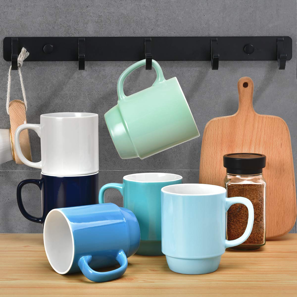 Kubki do kawy zestaw 6 sztuk, możliwość układania w stos, 470 ml, duże kubki do kawy z uchwytem, ceramiczne kubki do restauracji, zestaw 6 kubków do kawy, herbaty i kakao, zimne różne kolory