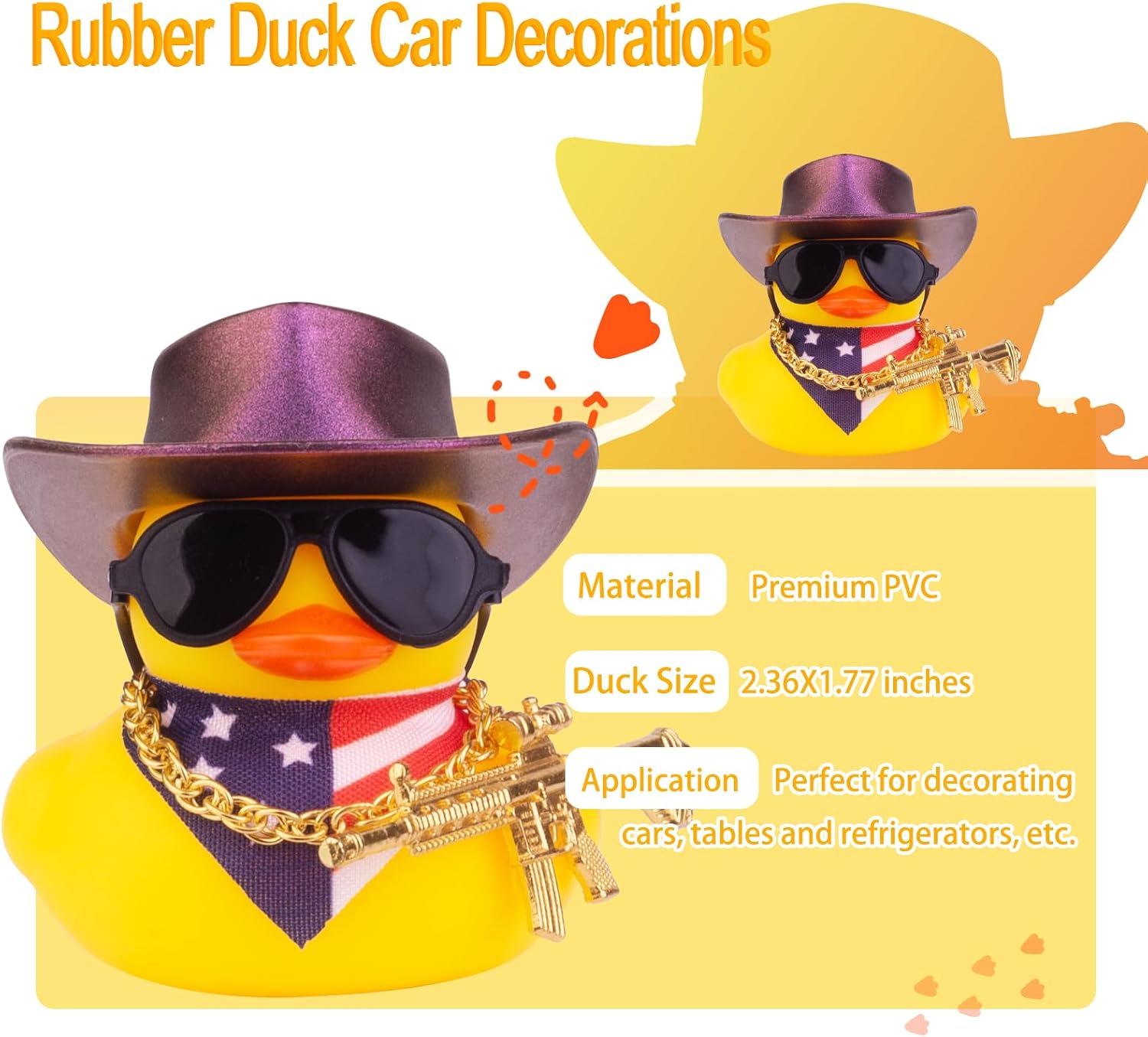 Car Rubber Duck, Yellow Duck Dashboard Decoration with Cowboy Hat Necklace Sunglasses Cool Prop for Car Dashboard Decorations (Purple)