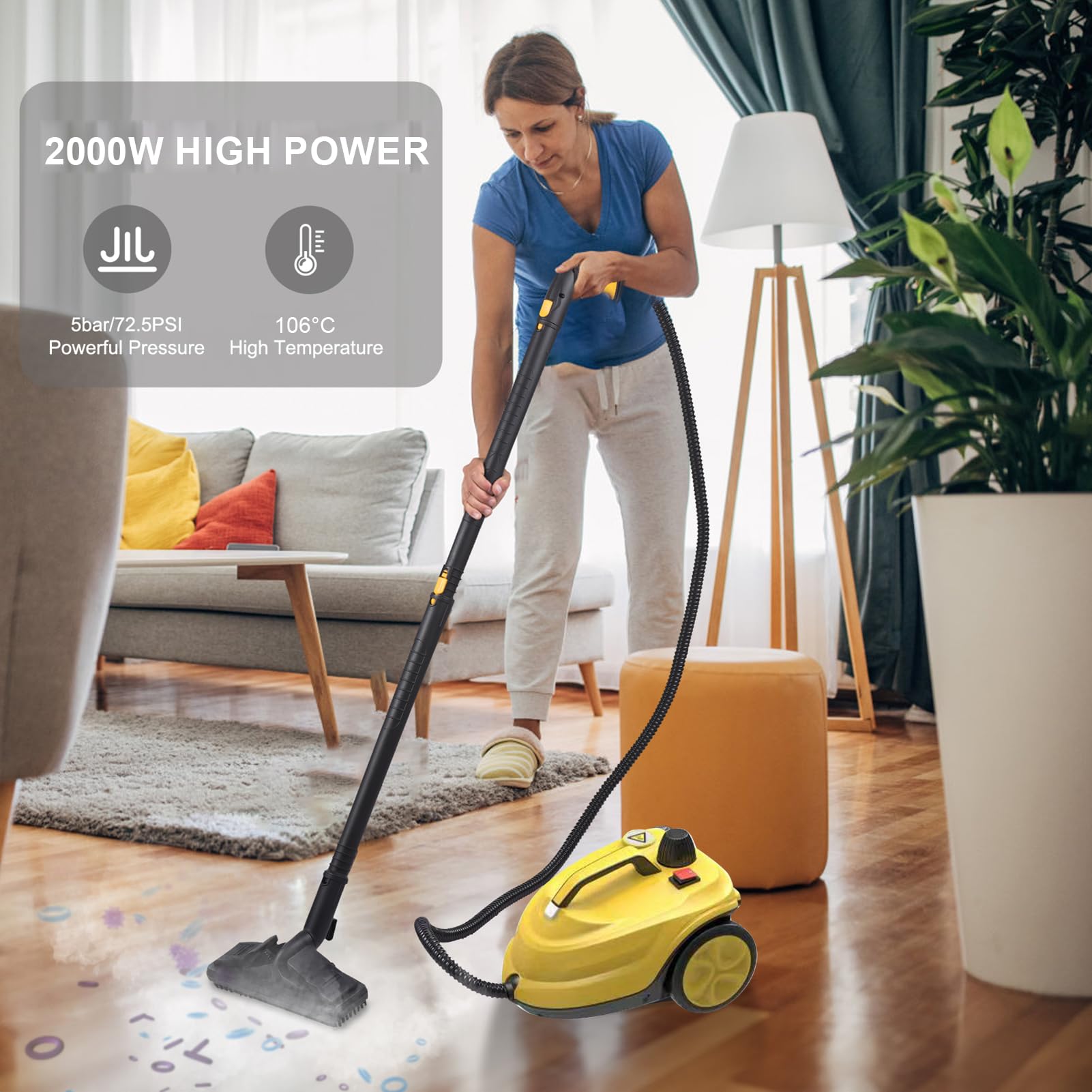 Haofy Wysokotemperaturowy Odkurzacz Parowy o Mocy 2000 W Zestaw do Domowego Czyszczenia Parowego Wytrzymały Mop Parowy ze Zbiornikiem o Pojemności 2000 Ml Ciśnienie 5 BAR 9-minutowe (wtyczka UE)