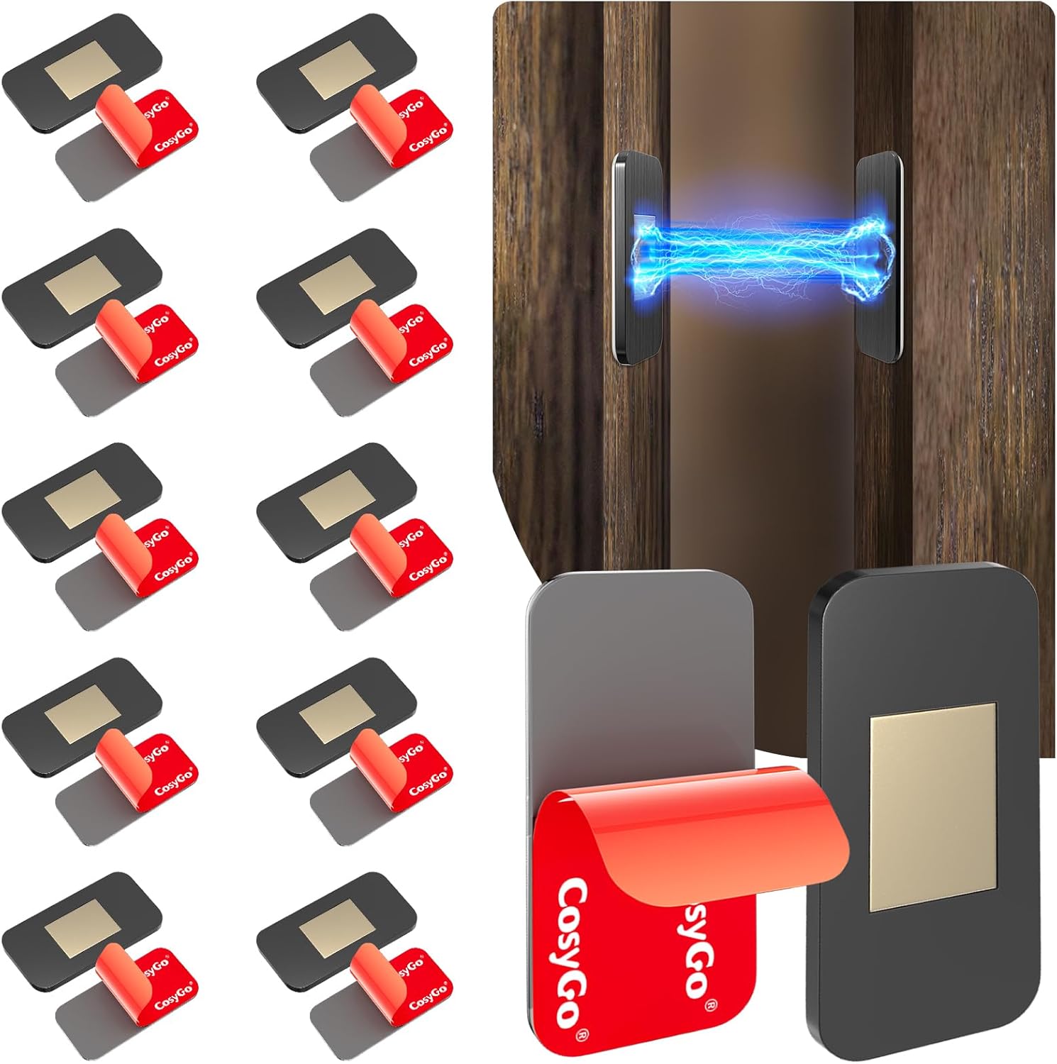 10 Pack Black Magnetic Door Catch, Ultra Thin Cabinet Door Magnets, Adhesive Drawer Magnets to Stay Closed, Stainless Steel Cabinet Latch Easy to Install with Double Sided Tape