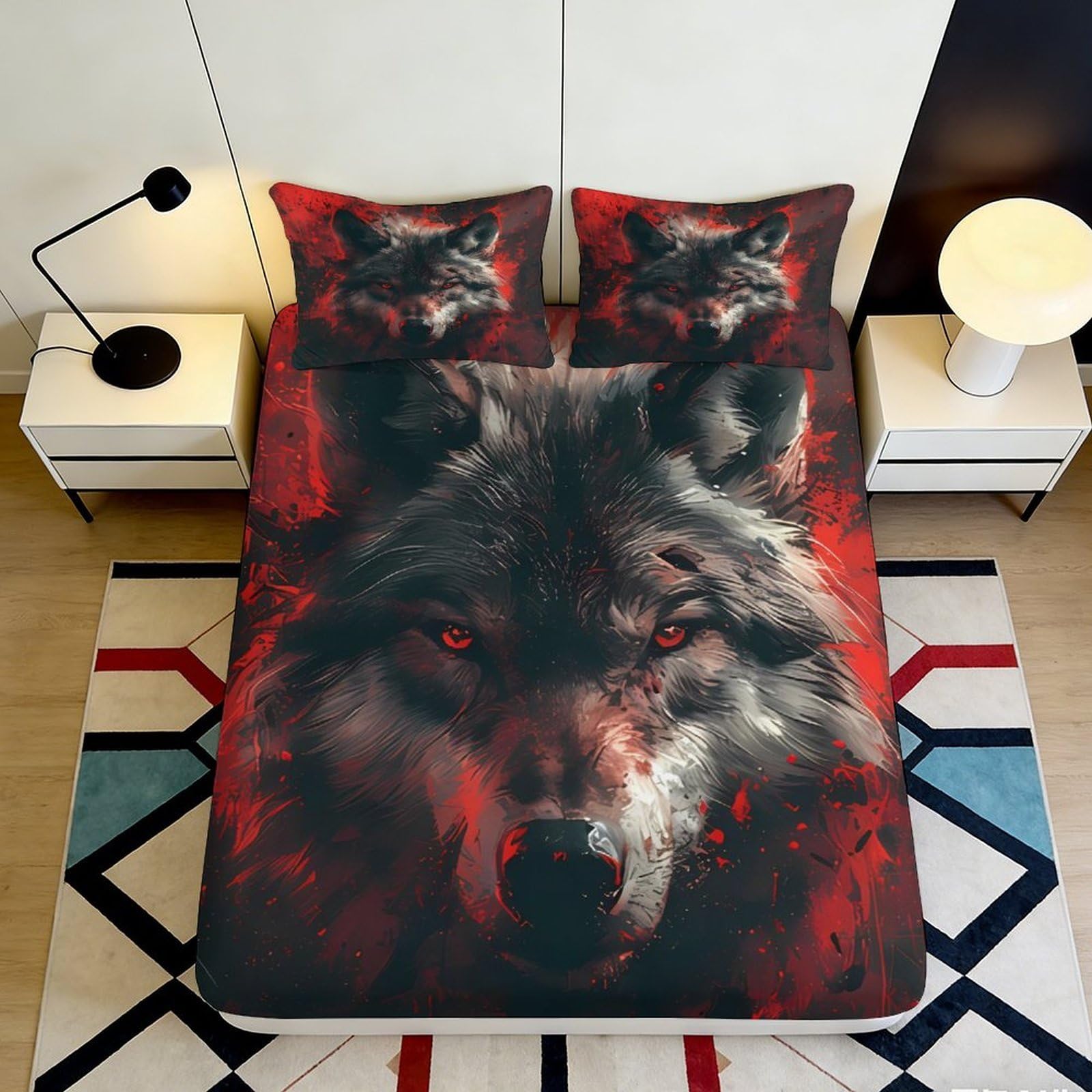 3D Printed Wolf Red Art Fitted Sheet Microfiber Durable Breathable Dark Wolf Mattress Cover for Bedroom Dormitory Guest Room Protection 140x200x25cm