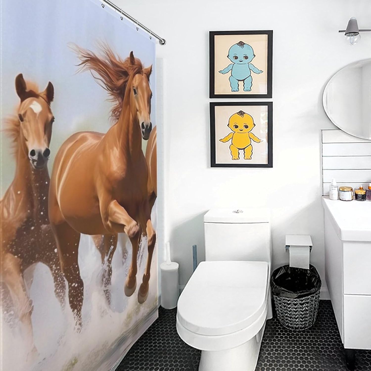 Running Horses Funny Shower Curtains Washable Bath Curtain Liner with Hooks for Bathroom Bath Tubs