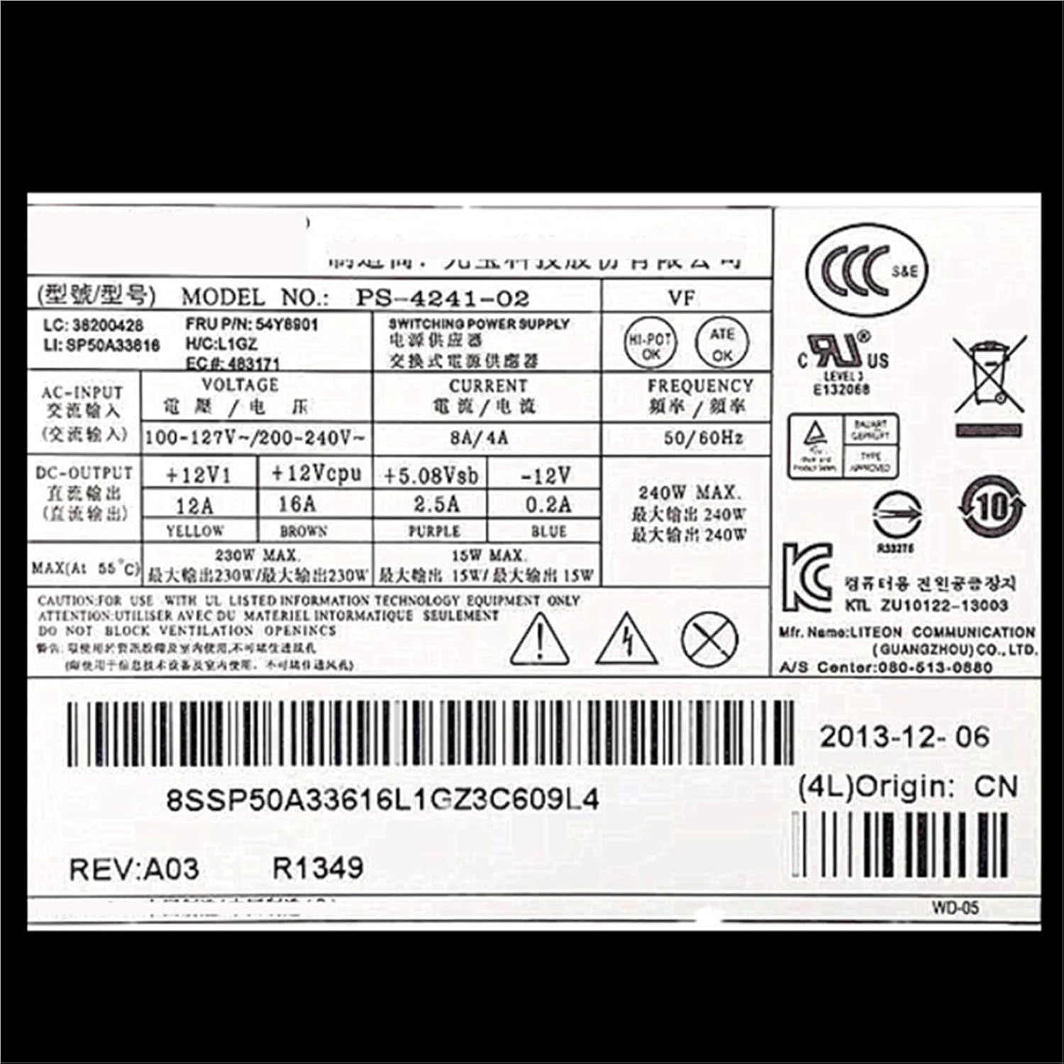 PSU Power Supply Adapter for FSP240-40SBV PCB020 FSP240-40SBV PS-4241-01 HK340-72FP H3050 530S M4500