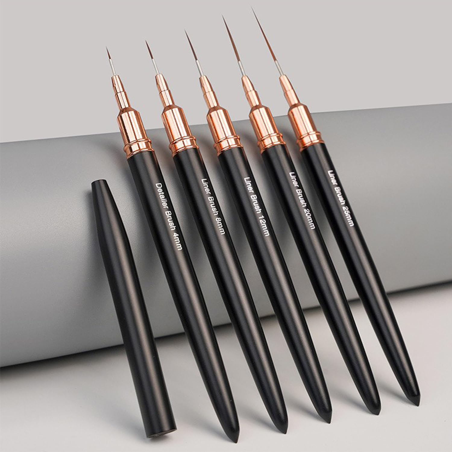 5Pcs Metallic Nail Art Liner Brush Set, UV Gel Polish Painting Tools for Long Lines, Thin Details, Fine Drawing, Sizes 4/8/12/20/25mm (Black)