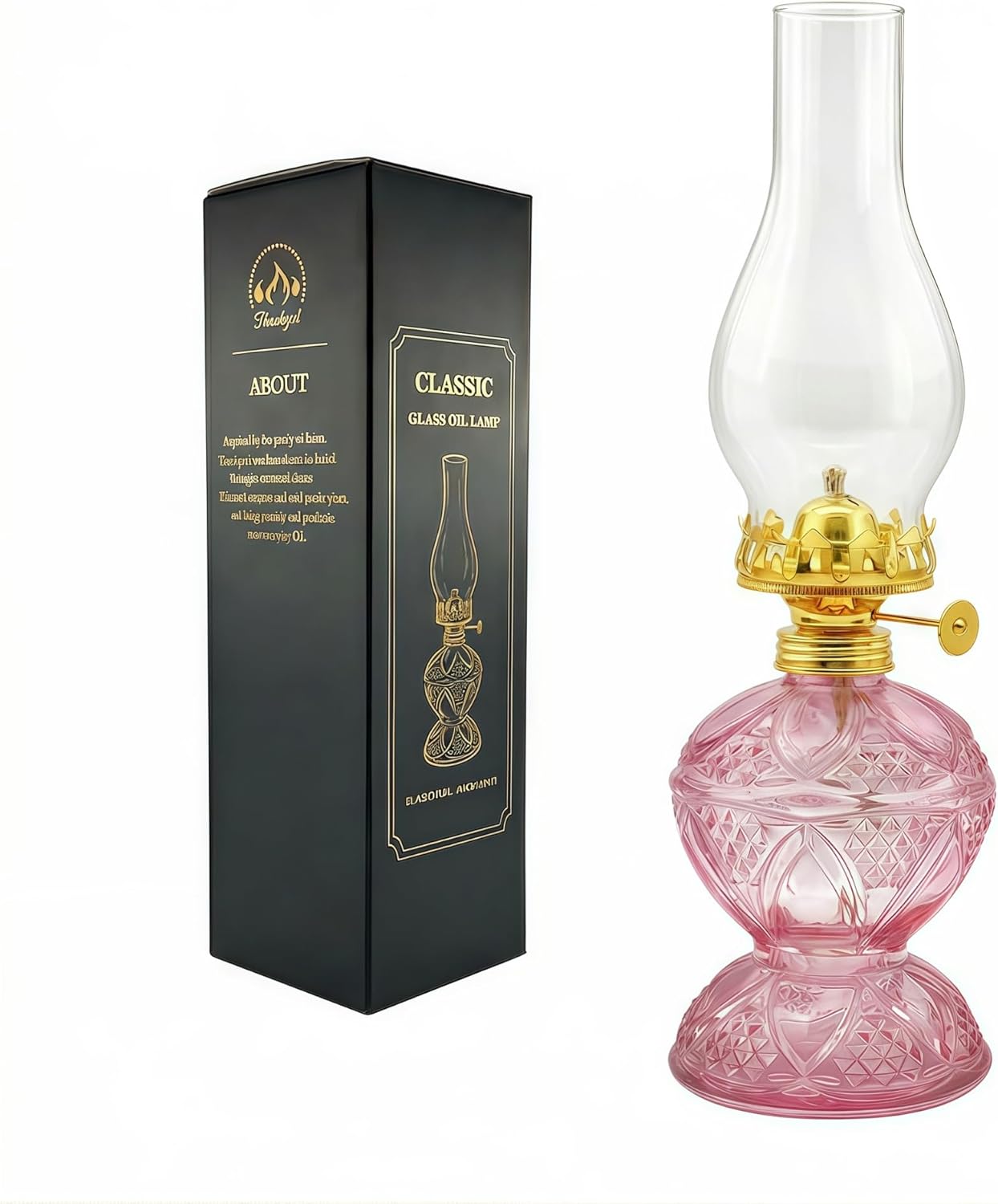 Vintage Oil Lamp Decorative Glass Oil Lamp with Adjustable Metal Burner, Kerosene Oil Lamp for Indoor Outdoor Decor, Antique Style Tabletop Lamp for Living Room Bedroom Farmhouse(Pink)