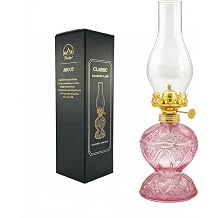 Vintage Oil Lamp Decorative Glass Oil Lamp with Adjustable Metal Burner, Kerosene Oil Lamp for Indoor Outdoor Decor, Antique Style Tabletop Lamp for Living Room Bedroom FarmhousePink