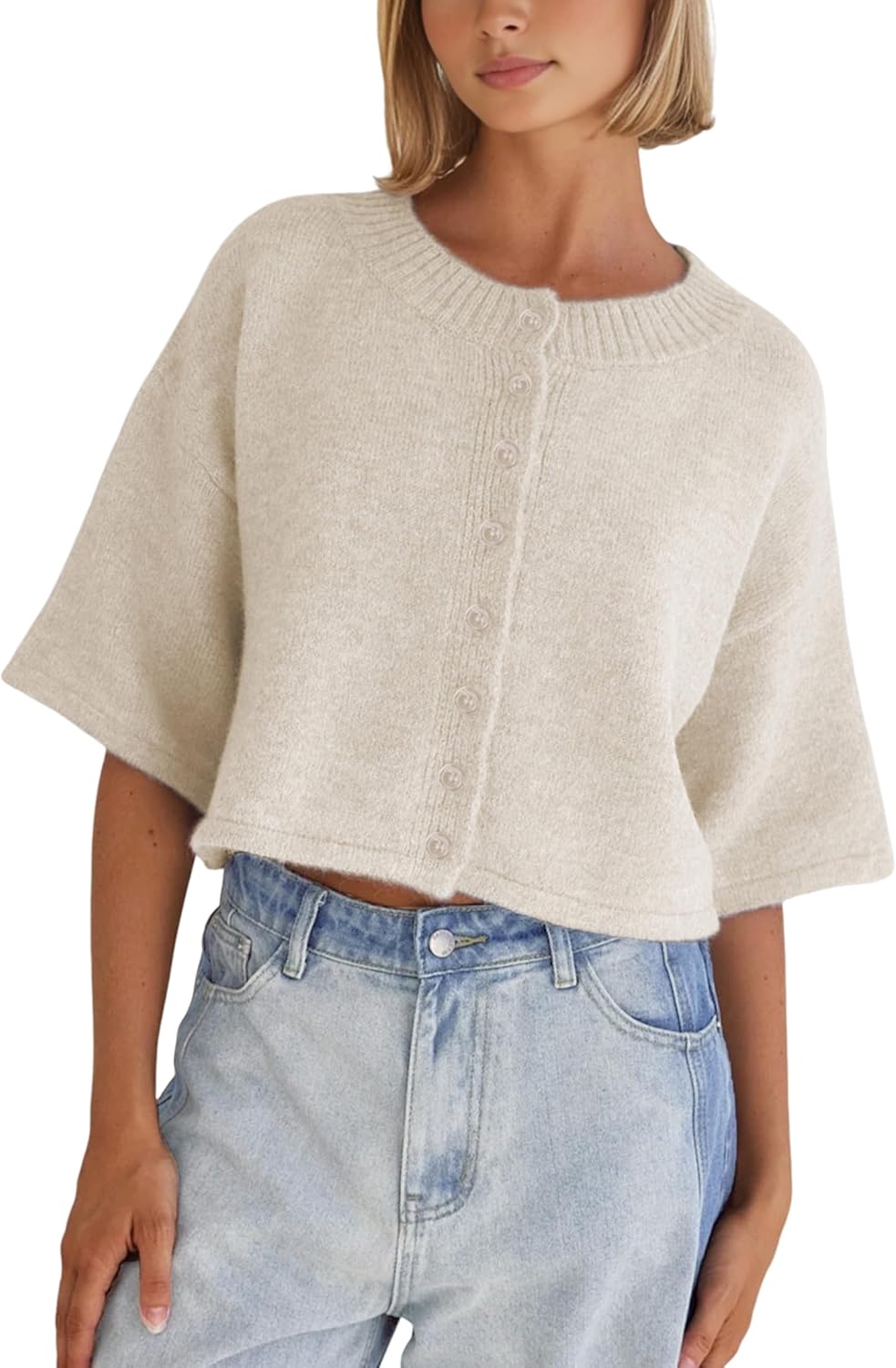 Springrain Cardigan Sweaters for Women Lightweight Knit Cropped Cardigan Button Up Solid Knitwear