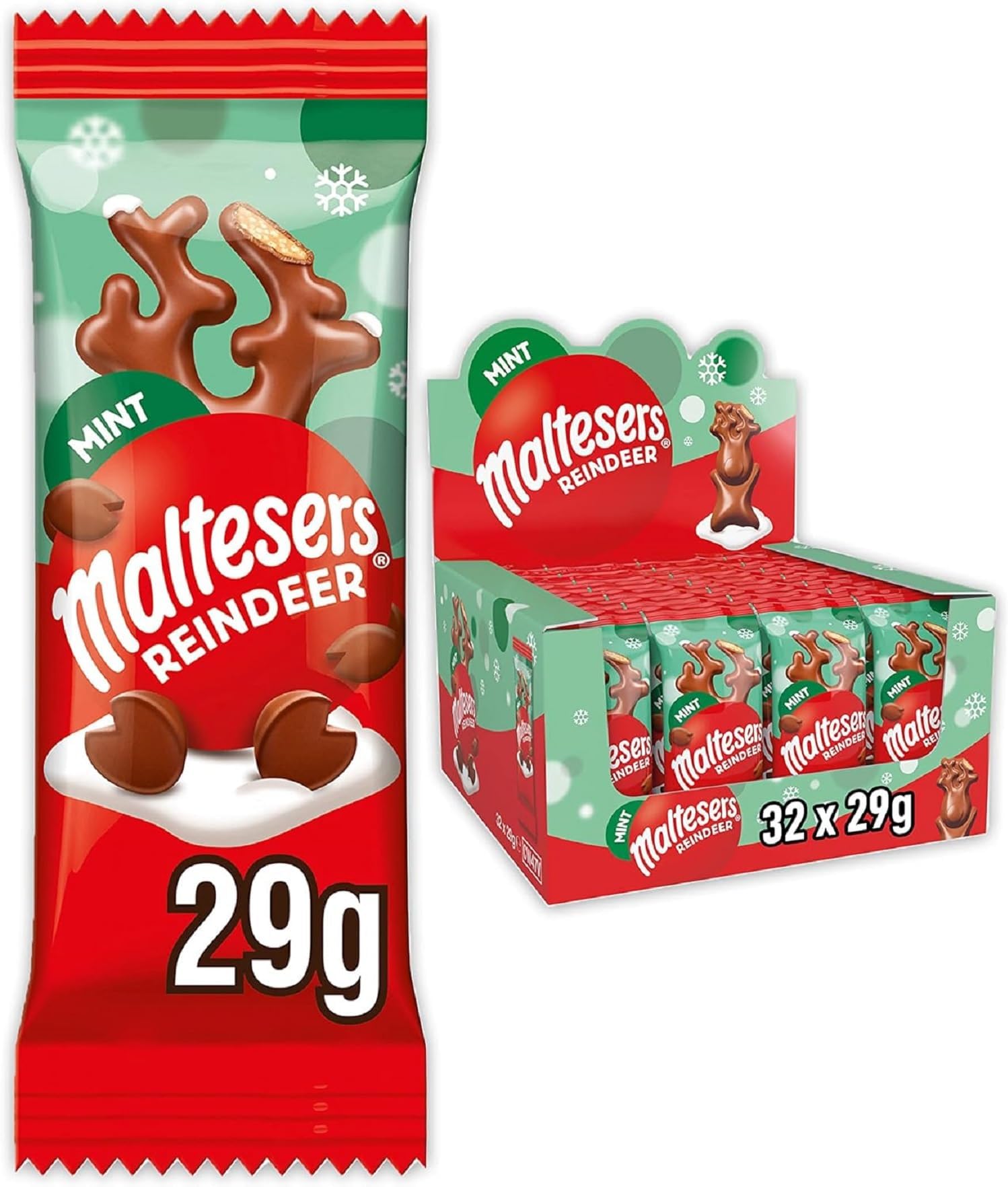 Maltesers Mint Chocolate shaped Reindeer, filled with Honeycombed pieces and malt filling, 32 x of 29g, Bulk Chocolate Box, Christmas Chocolate, Ideal as Christmas stocking filler, Chocolate gift, or chocolate snacks