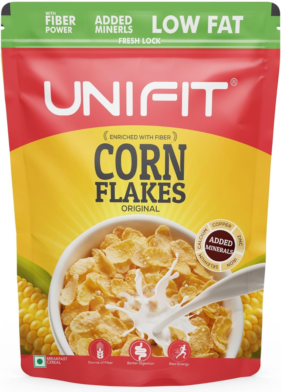 UNIFIT Corn Flakes Healthy & Crunchy Breakfast Cereal Added Fiber & Minerals | Power of Copper, Zinc, Magnesium, Calcium, Iron, Phosphorus and Selenium | Crispy and Light 425g