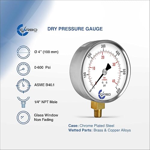 Miniatura 10 de Manómetro de 4", caja de acero cromado, seco, vacío -30Hg0, montaje inferior 14" NPT