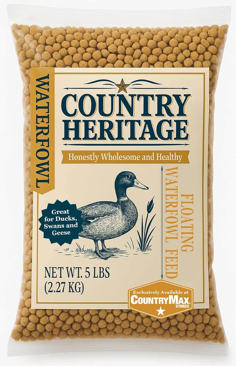 Country Heritage Floating Waterfowl Feed – Duck, Goose & Swan Food – 5 lb Resealable Bag – Nutrient-Rich Pellets for Wild & Pet Birds