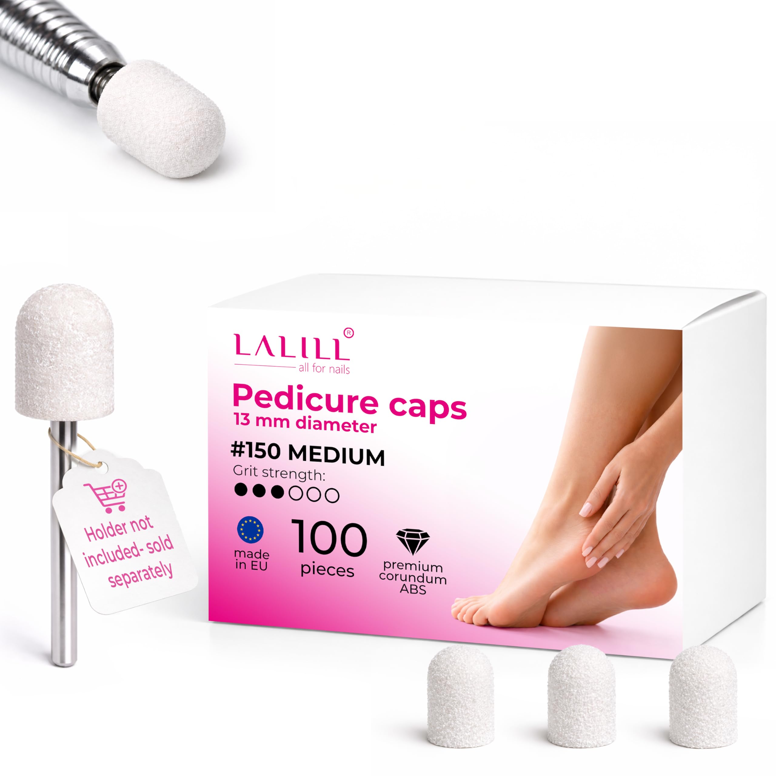 LALILL Schleifkappen LUX 100 Stück – weiße Fräskappen für Nagelfräser – Maniküre, Pediküre & Podologie – Aufsätze für Fußpflege, Hornhautentfernung, Nagelmodellage, 13mm 150er Körnung