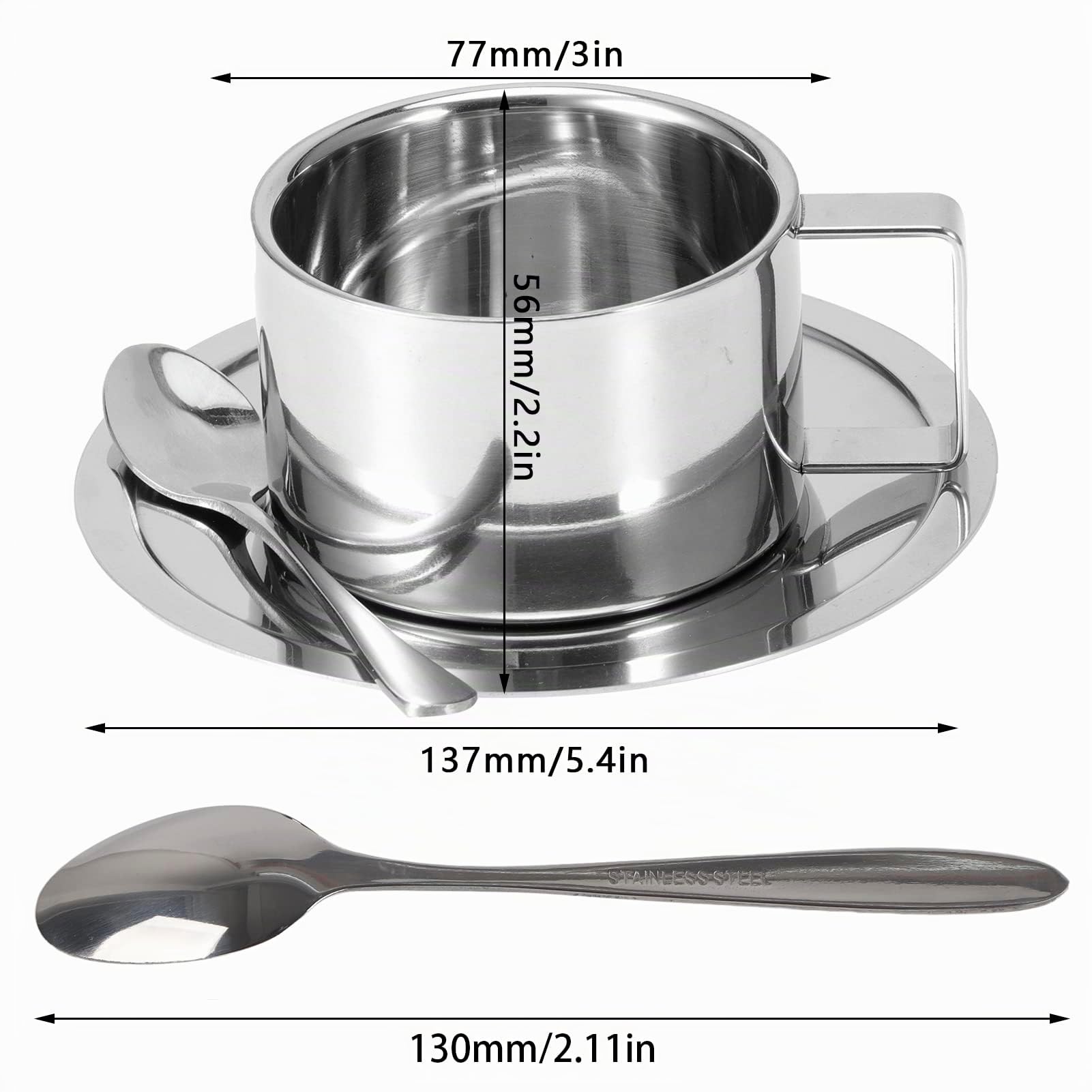 Alvinlite Juego de Tazas de café Taza de café de Doble Pared de Acero Inoxidable con platillo Taza Cuchara Mango Plata Taza