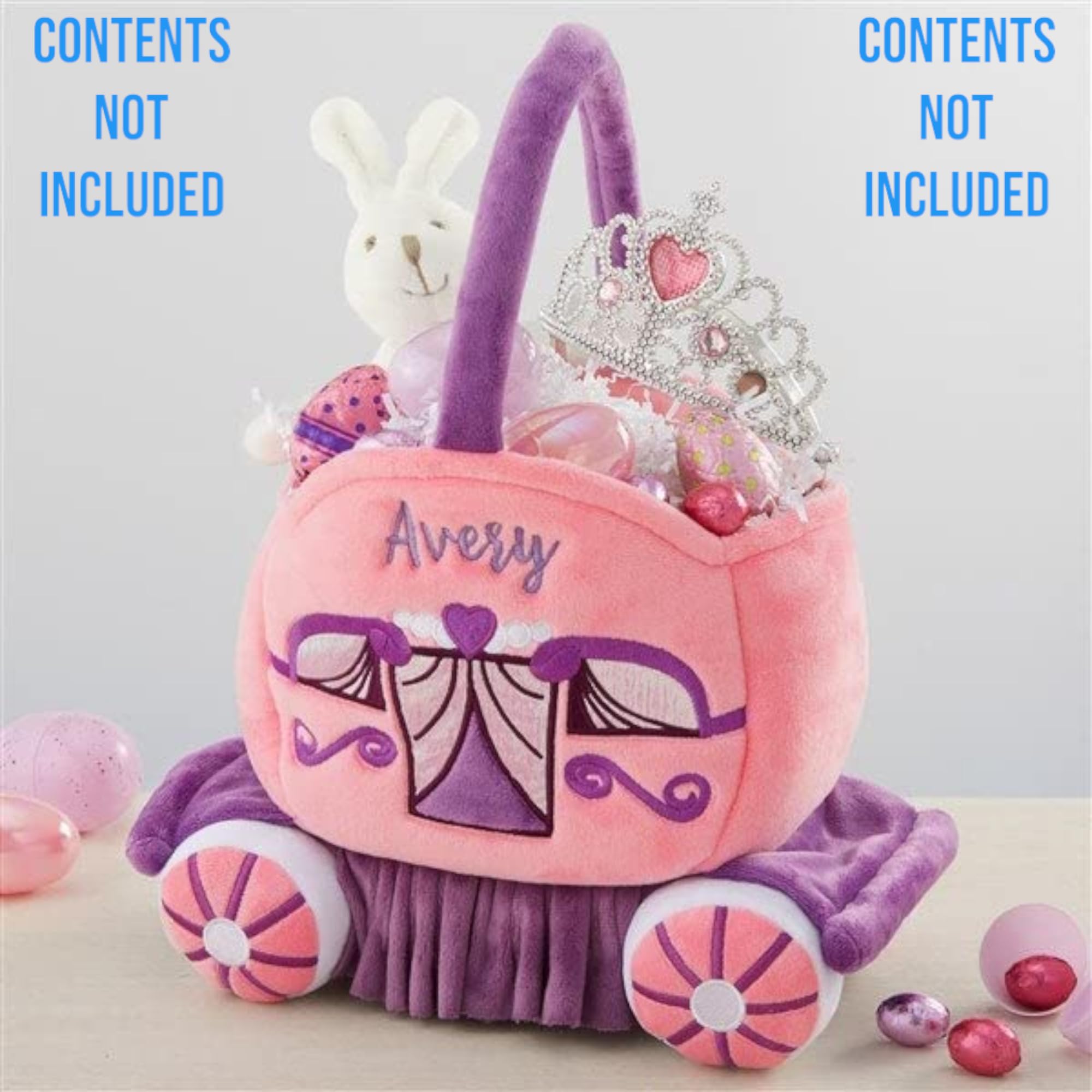 Personalization Universe Princess Carriage Embroidered Plush Easter Basket, Personalized Baby Basket with Reinforced Handles, Ideal for Easter Basket Stuffers, Pink and Purple, Girls