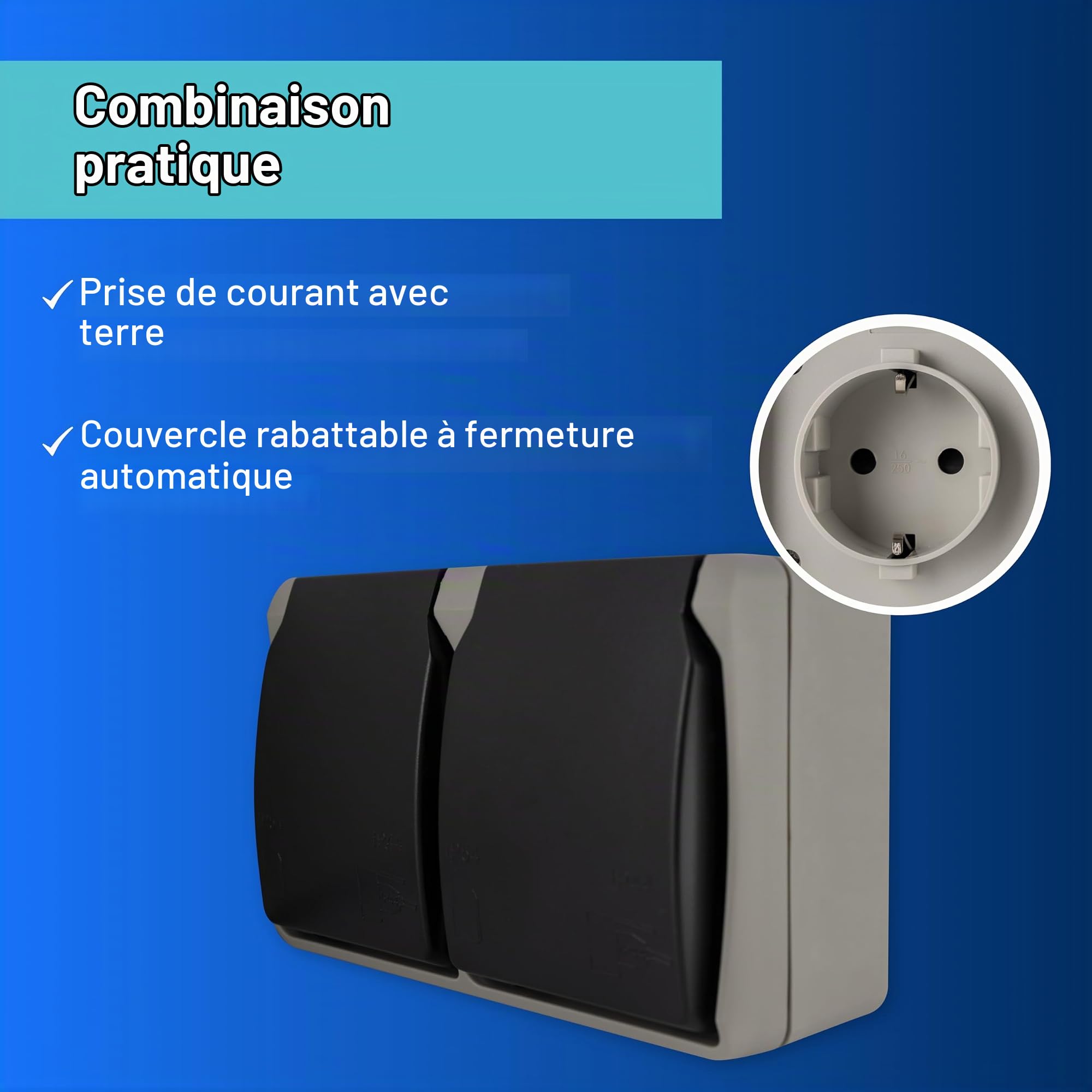 REV AquaBase SPARSET - 6x Prise de courant pour salle de bain double, 2 pôles, protégée contre les éclaboussures IP54, horizontale, en saillie, gris
